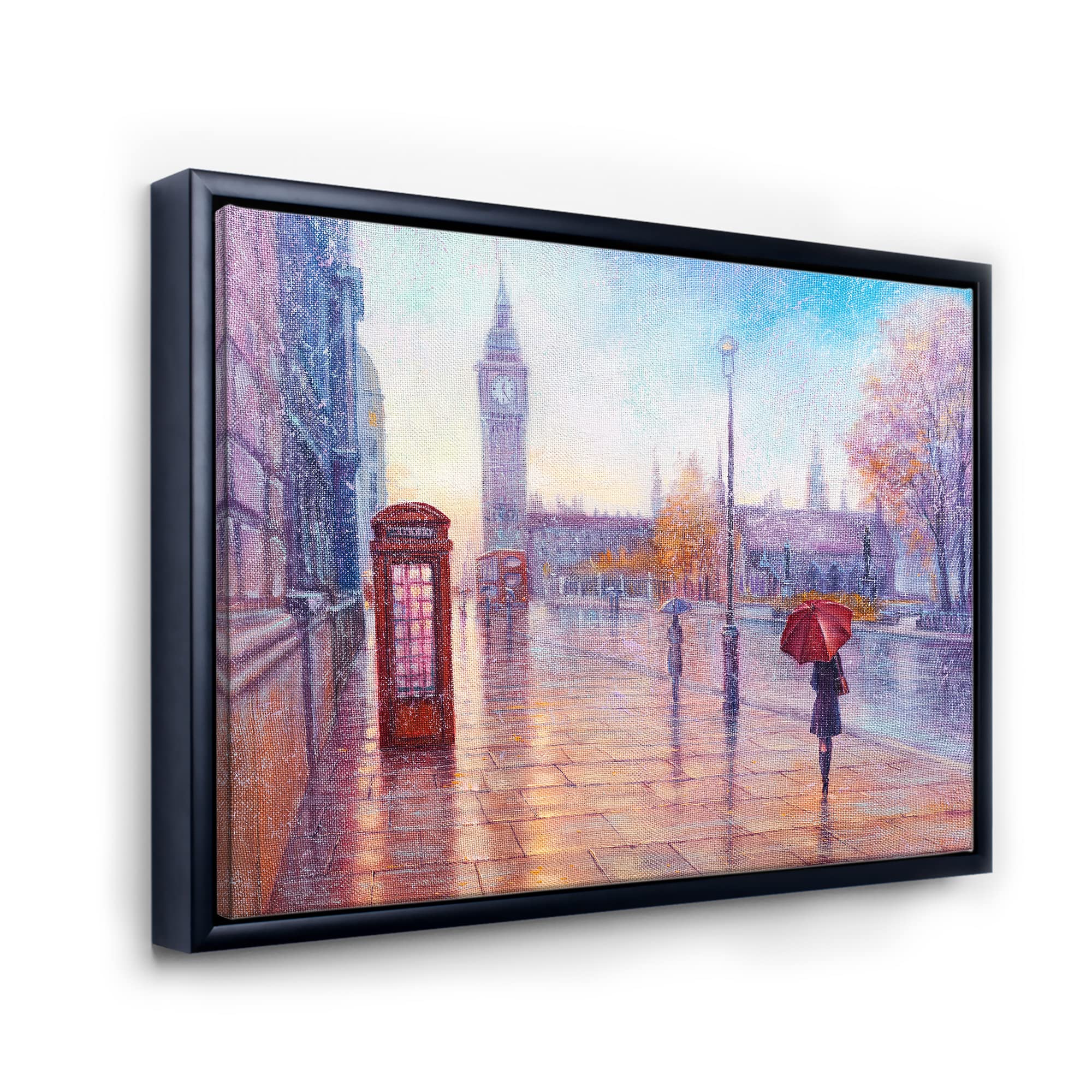 DesignQ Big Ben & Red Umbrella Woman London Landscape - French Country Framed Canvas Wall Art Print for Living Room, Bedroom & Office Decor