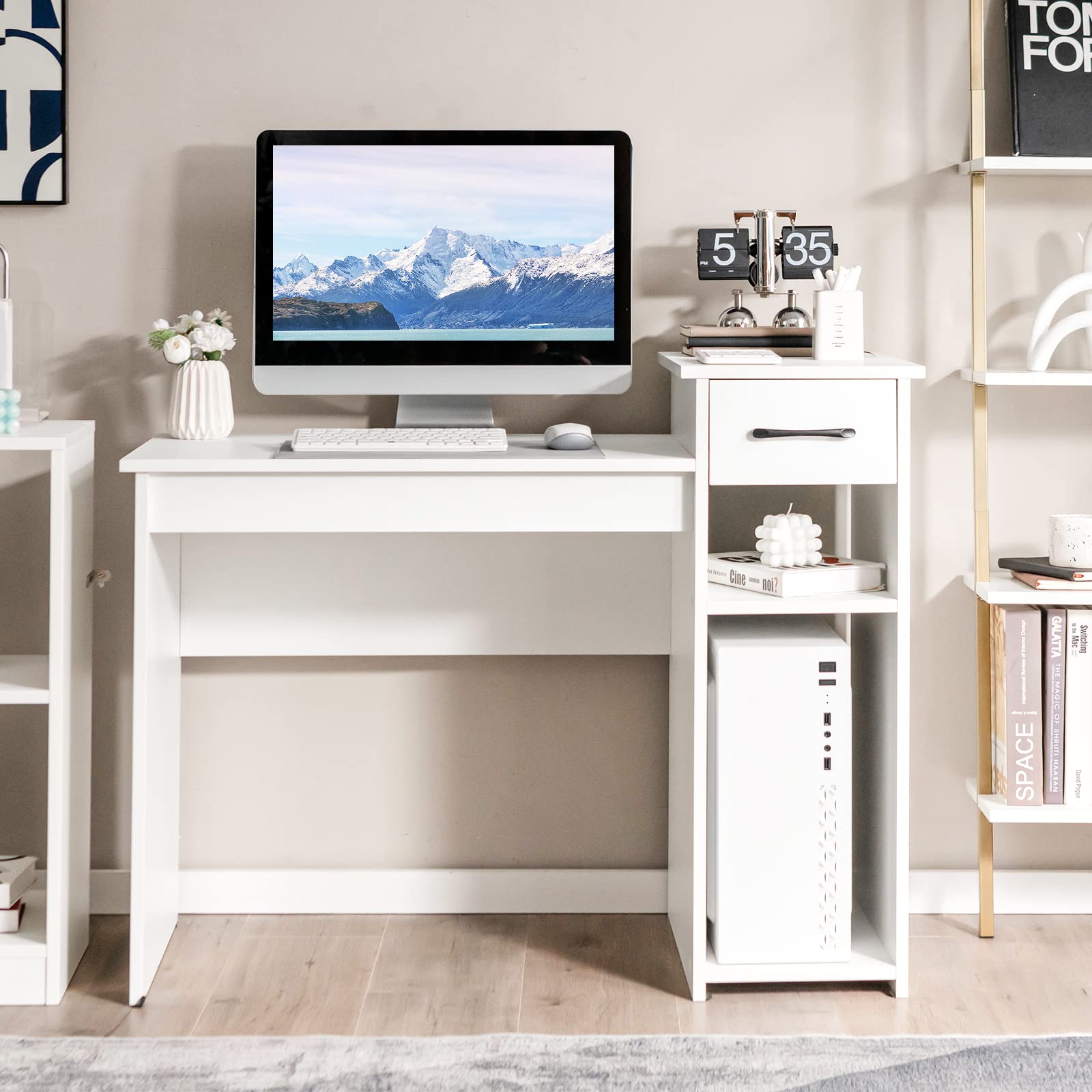 Tangkula Modern White Study Desk with Storage Drawer & Shelves - Compact Writing Desk for Small Spaces, Home Office, Dorm Room & Bedroom Workspace