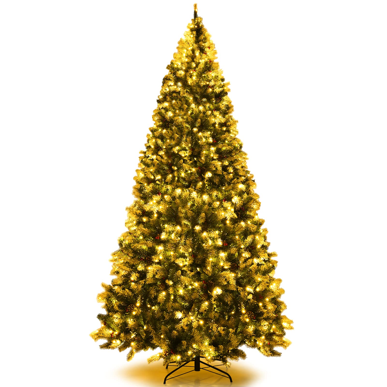 Goplus 9ft Pre-lit Artificial Christmas Tree with Snow Flocked Branches, Pine Cones & Red Berries - 900 Warm White LED Lights, 8 Lighting Modes for Indoor Holiday Decor - Perfect for Living Room, Office & Christmas Party Decoration