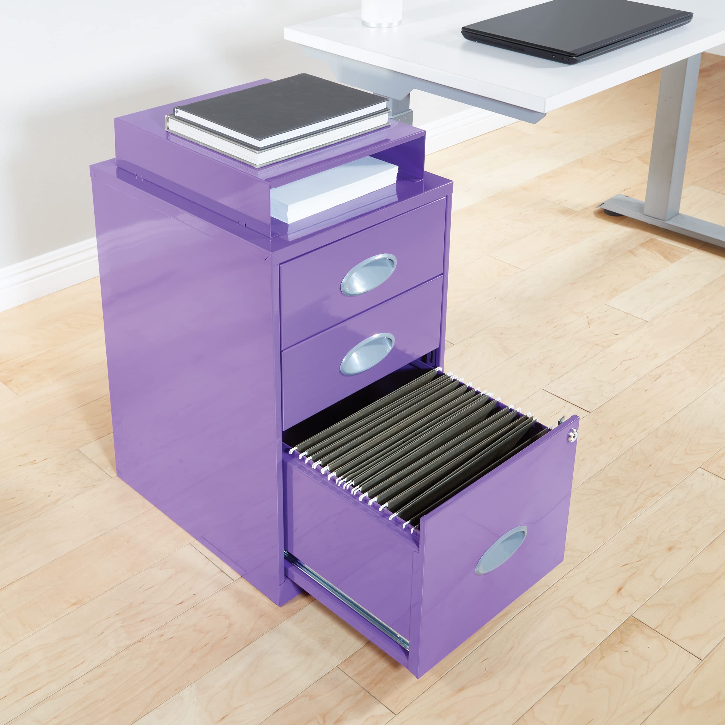 OSP Home Furnishings 3-Drawer Locking Metal File Cabinet with Top Shelf, Purple - Secure Document Storage for Office, Home & School Organization