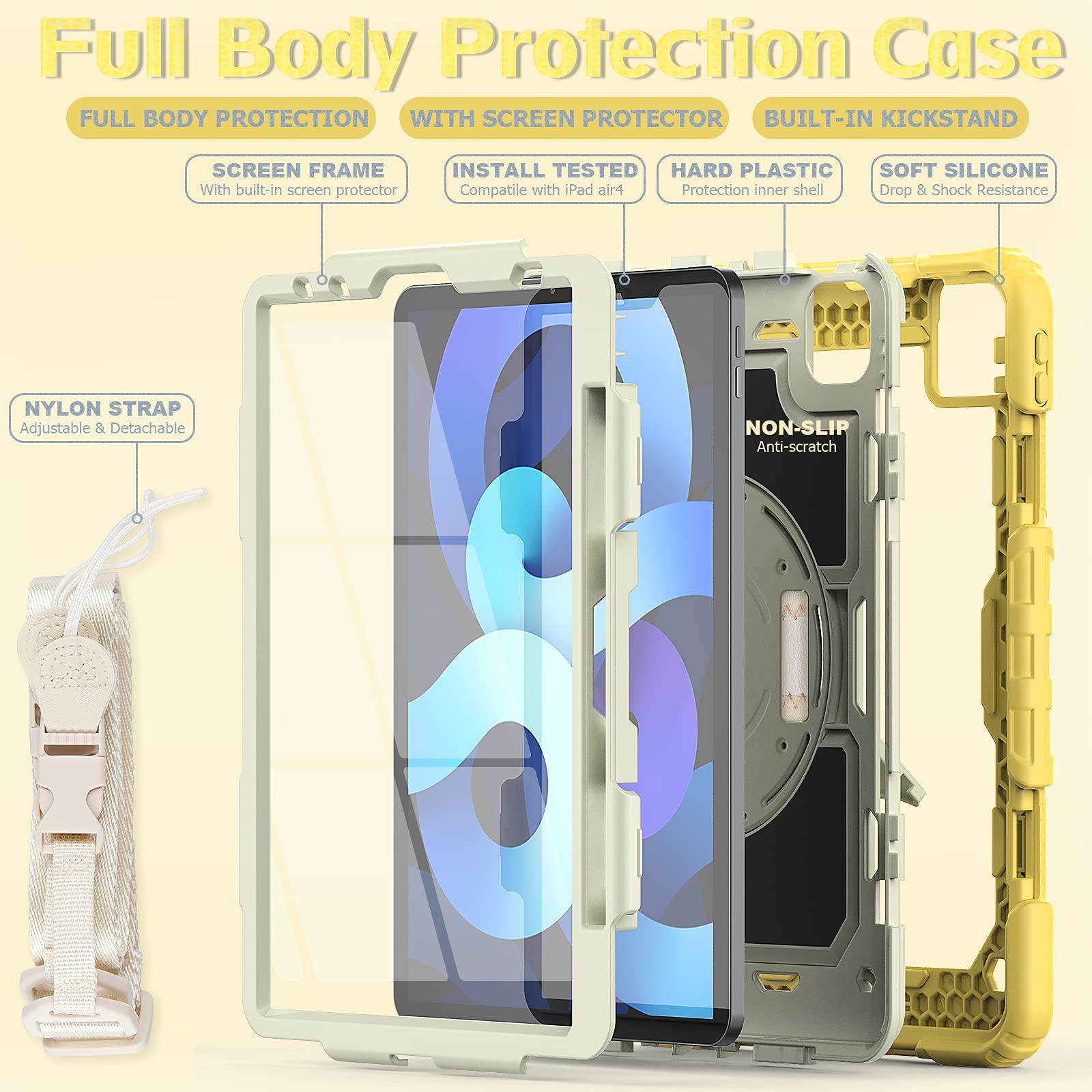 Dteck Shockproof Protective Case for iPad Air 5 (2022)/iPad Air 4 (2020)/iPad Pro 11 Inch with Shoulder Strap, Hand Strap & Pencil Holder - Yellow Kids Stand Cover for School, Travel & Outdoor Use