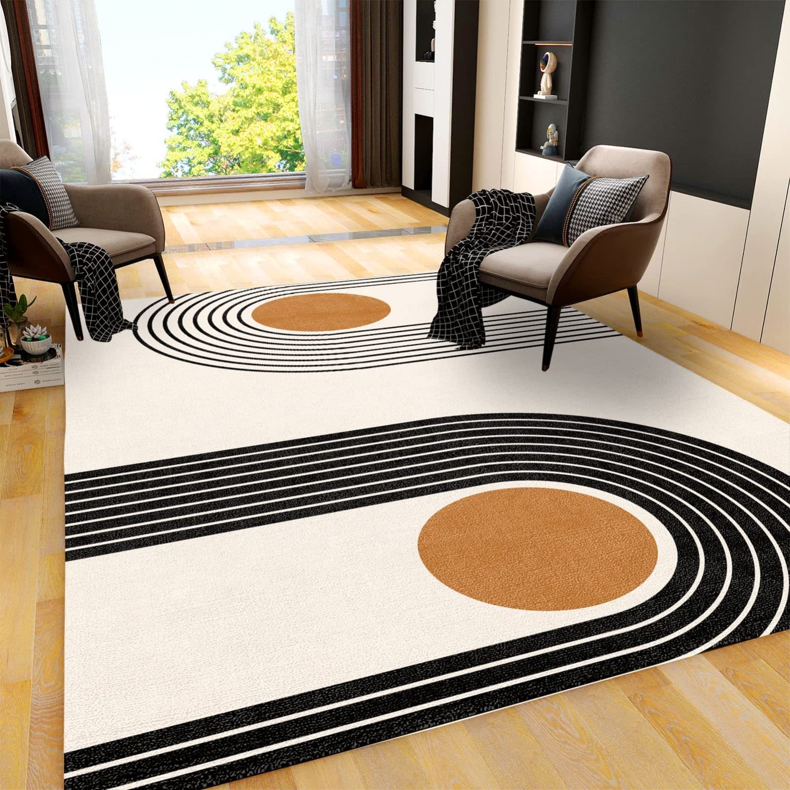 Mid Century Modern Geometric Area Rug - Boho Abstract Non-Slip Indoor Carpet 6.6' x 5.3' for Living Room, Bedroom & Home Decor | Stylish Floor Mat for Sofa Area, Dorm & Apartment