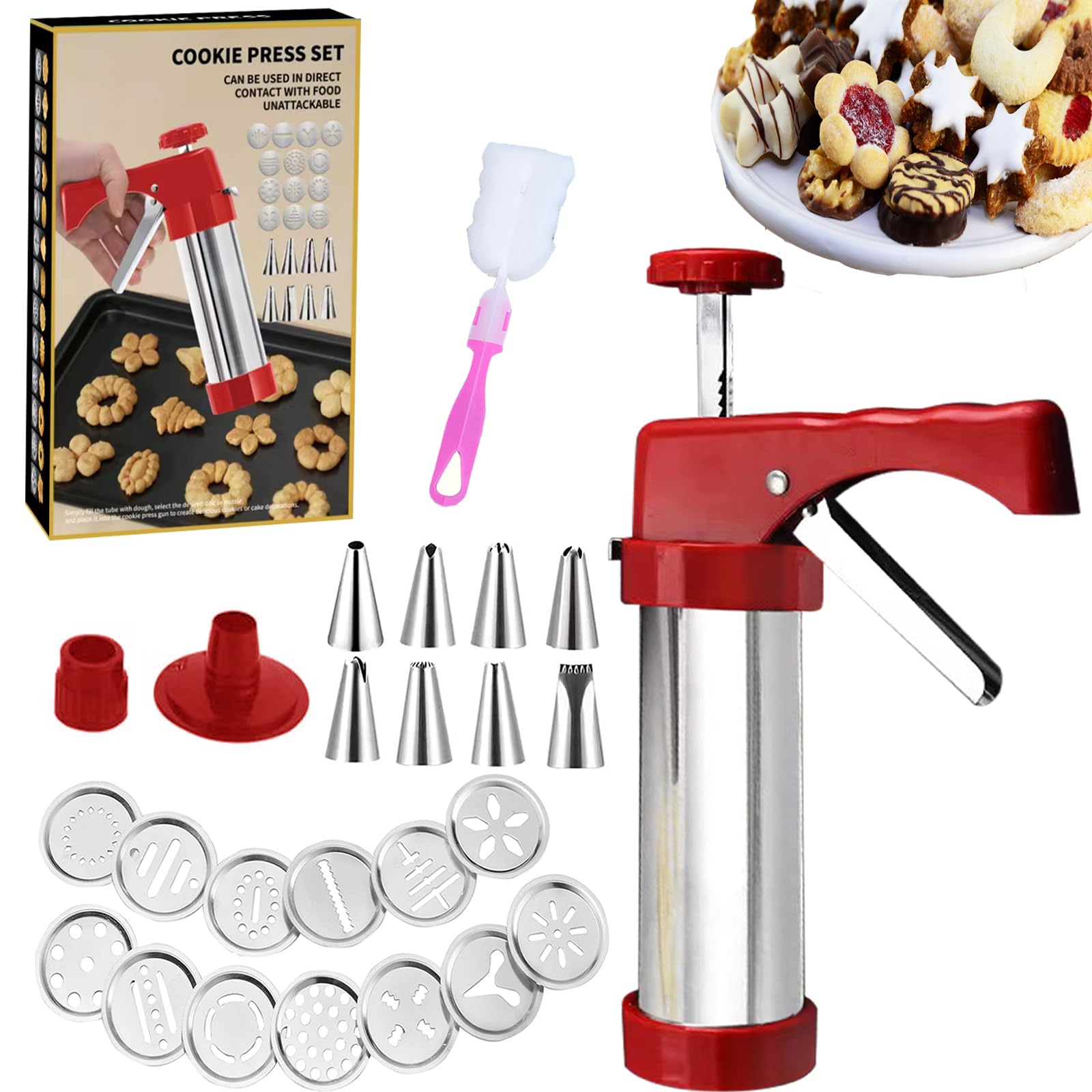 Stainless Steel Cookie Press Gun - 13 Decorative Stencil Discs & 8 Icing Tips for Baking Spritz Cookies | Deluxe Cookie Maker (8.7 Inch) - Perfect for Holiday Baking, Party Treats & Homemade Desserts