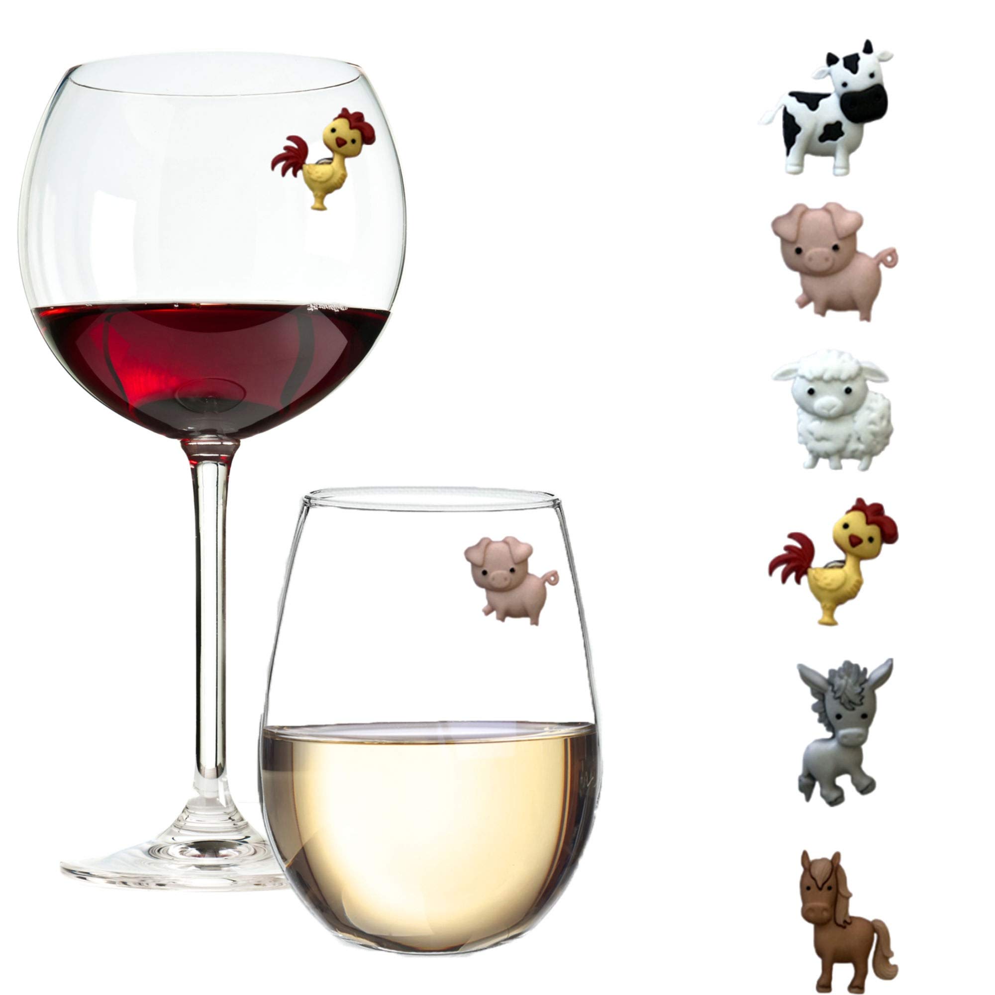 Barnyard Farm Animal Wine Charms Set of 6 - Magnetic Glass Markers for Wine Glasses, Perfect for Parties, Weddings & Entertaining