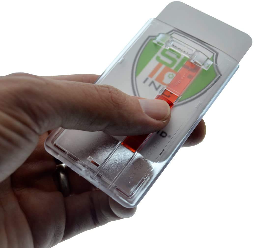 50 Pack Frosted Vertical Rigid Badge Holders - Clear Hard Plastic ID Card Dispensers with Red Extractor Slide & Thumb Tab - Perfect for Office, School, Events & Security Personnel (Bulk Discount)