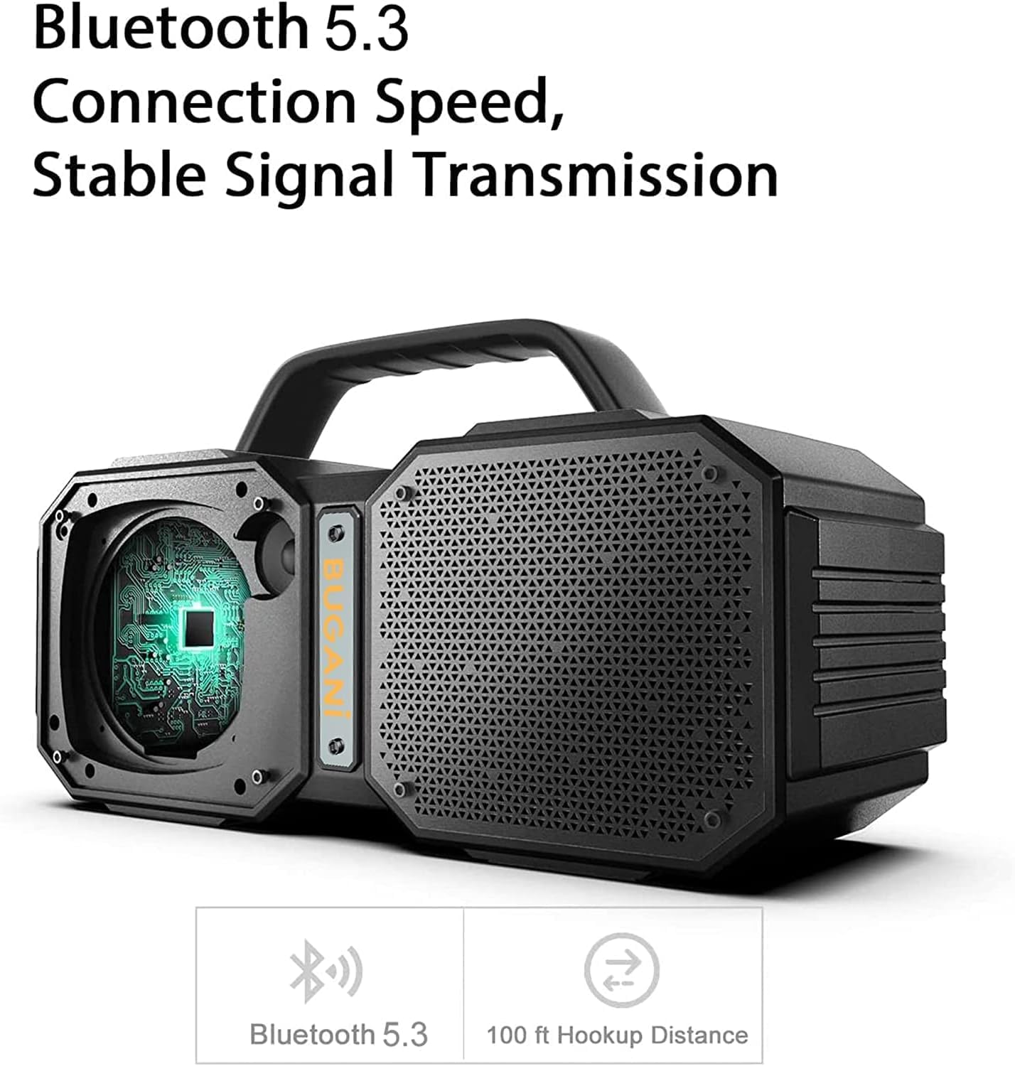 BUGANI Shock Bluetooth Speaker - Portable Wireless Speaker with Bluetooth 5.3, IPX7 Waterproof, 60W Powerful Sound, Outdoor/Indoor Use for Camping, Beach, Parties, Home Theater (Black, New Model)
