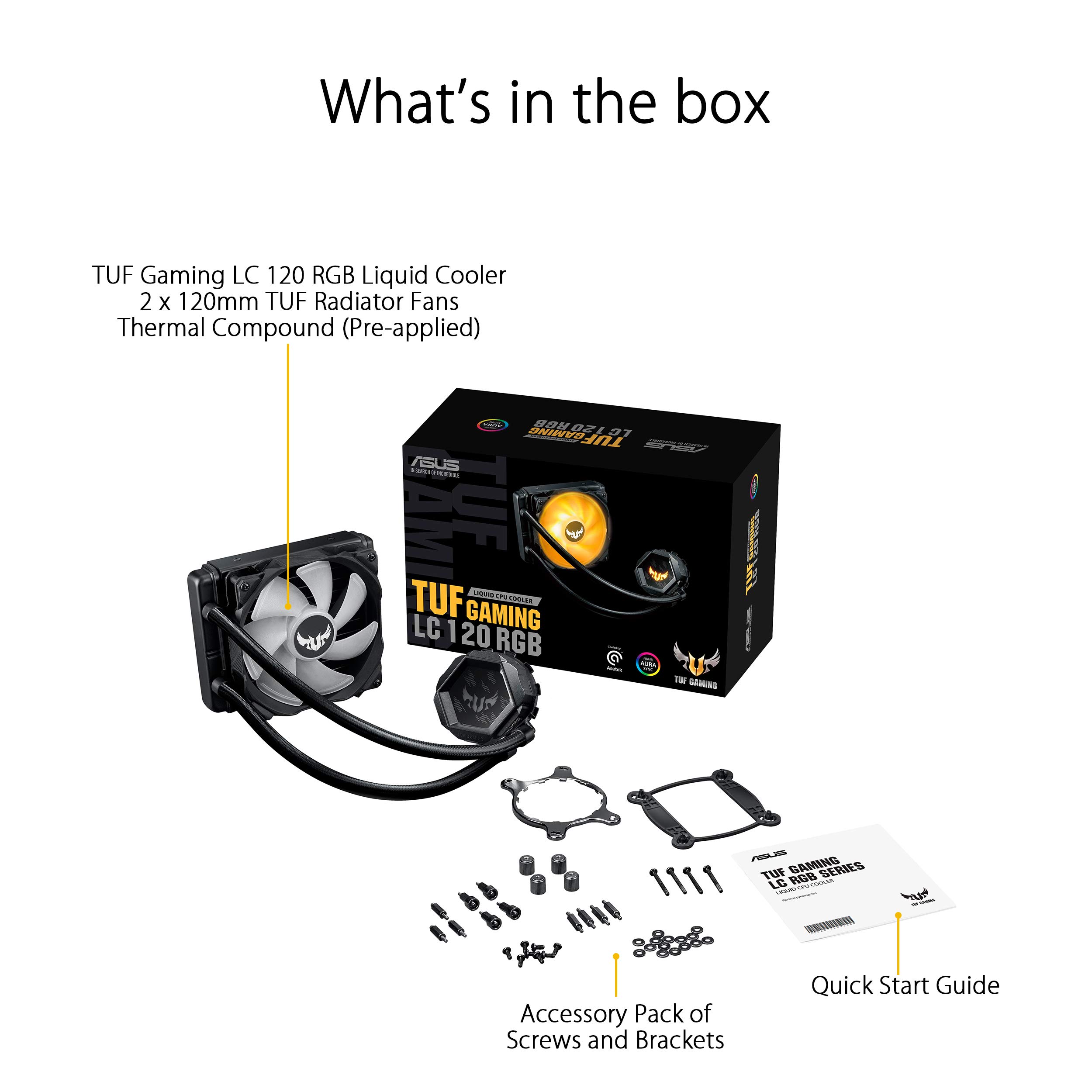 ASUS TUF Gaming LC 120 RGB AIO Liquid CPU Cooler - 120mm RGB Radiator with Aura Sync, High-Performance Cooling for Gaming PC Builds - Perfect for Overclocking and Silent Operation in Gaming Rigs and Workstations