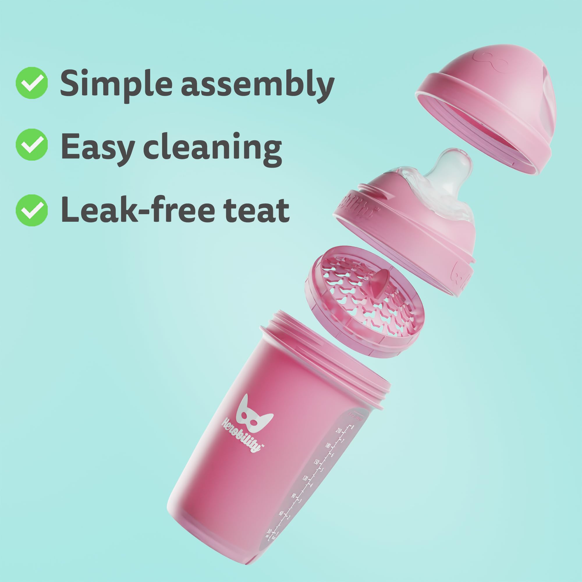 Herobility Double Anti-Colic Baby Bottles 8.5oz (240ml) - 4 Pack with Slow Flow Nipples - BPA-Free Newborn Feeding Bottles in Sand, Woodchuck, Pink & White Colors - Perfect for Breastfeeding, Formula Feeding & On-the-Go Use