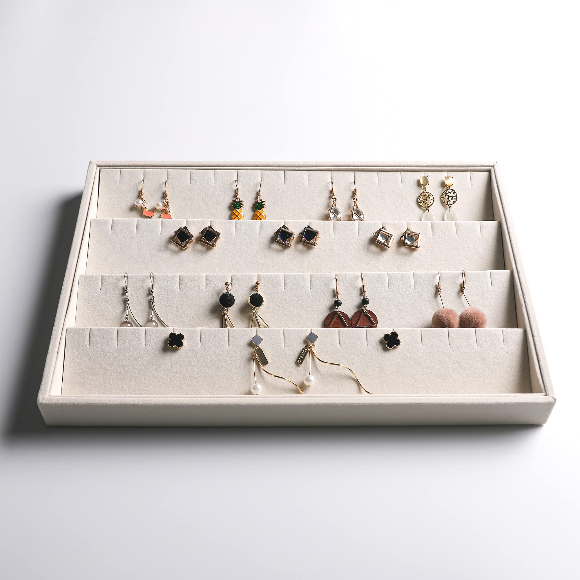 Frebeauty Stackable Velvet Jewelry Organizer Trays - 4-Piece Set for Earrings, Bracelets, Necklaces & Rings | Drawer Inserts & Display Case | Beige Velvet Storage Solution for Women & Girls | Perfect for Bedroom, Closet & Travel Organization