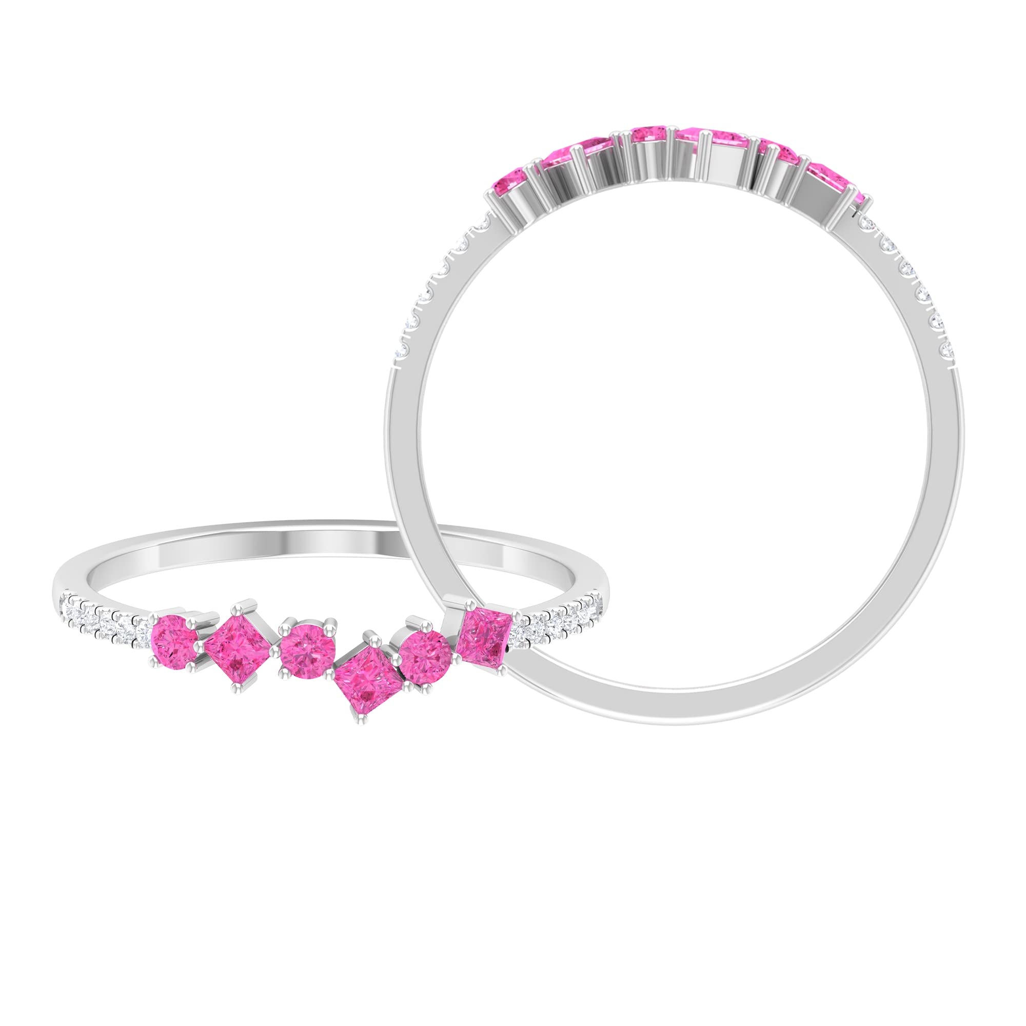 1/2 CT Pink Sapphire Half Eternity Ring with Diamond Accents - 14K Solid Gold Minimalist Wedding Band, Round & Princess Cut Gemstone Jewelry for Anniversary, Engagement or Gift Giving