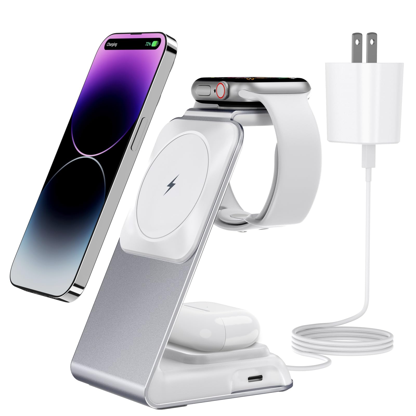 4-in-1 Magsafe Wireless Charging Station for iPhone 15/14/13/12 Series, Apple Watch & AirPods - Fast Charging Stand with 30W PD Adapter - Perfect for Home, Office & Travel Use