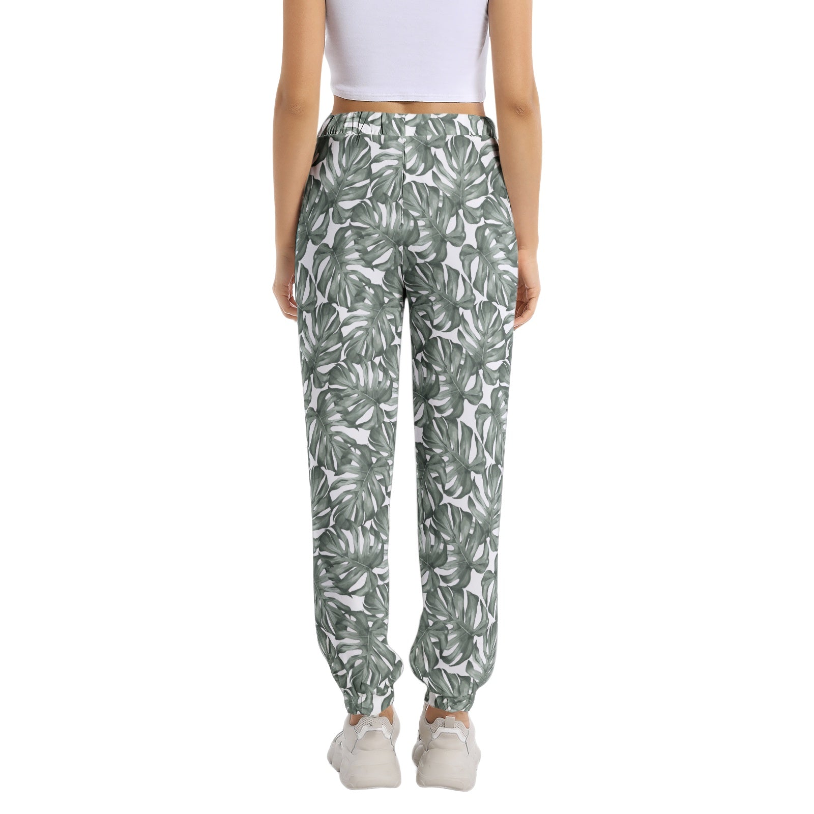 Elastic Waist Tapered Sweatpants for Women - Soft Cotton Joggers with Tropical Palm Print - Perfect for Yoga, Lounge & Casual Wear