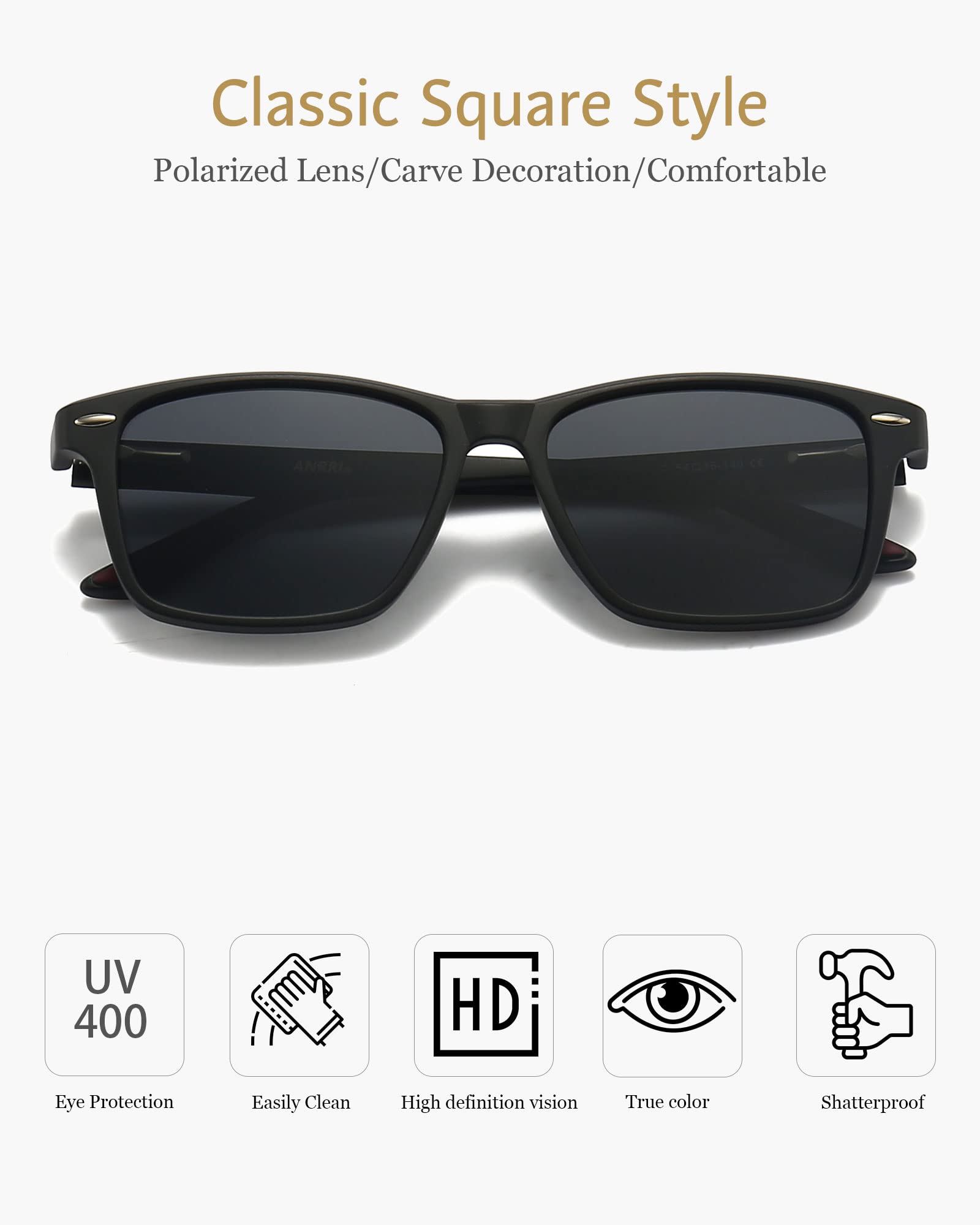 ANRRI Gradient Polarized Sunglasses for Men & Women - Retro Square UV Protection Sun Glasses with Spring Hinges - Perfect for Driving, Beach & Outdoor Activities