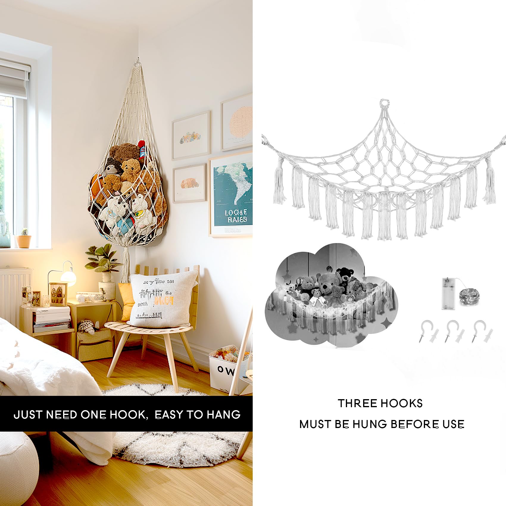 Macrame Toy Hammock - Stuffed Animal Storage Organizer, Hanging Net for Plush Toys, Boho Nursery & Kids Bedroom Decor (Cream) - Perfect for Playroom Organization & Stuffy Display