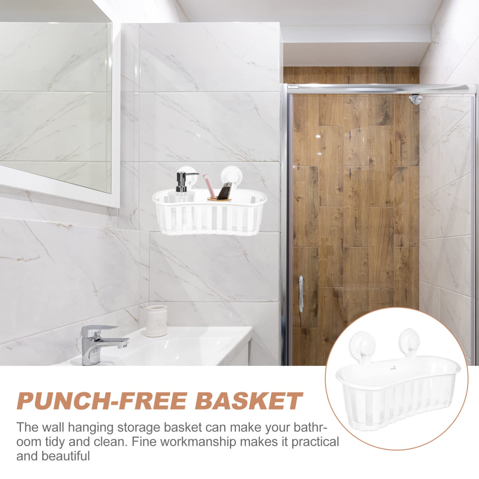 Cabilock Wall-Mounted Shower Storage Basket - White Plastic Suction Shelf Organizer for Bathroom, Kitchen & Living Room - Perfect for Storing Toiletries, Spices & Small Items
