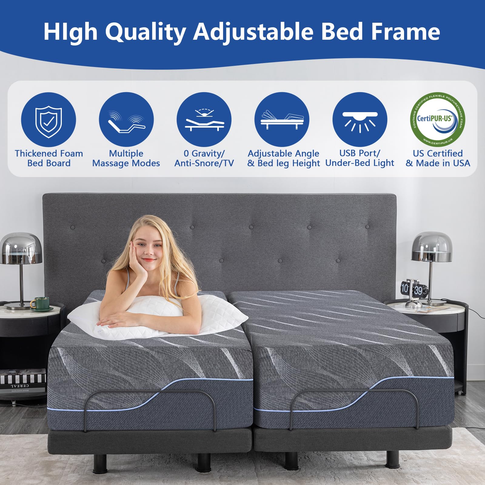 14 Inch Grey Gel Memory Foam Adjustable Smart Bed Base with Mattress - Medium-Firm Queen Size, Massage & Voice Control, Under-Bed Lighting - Perfect for Back Pain Relief, Home Theater & Reading in Bed