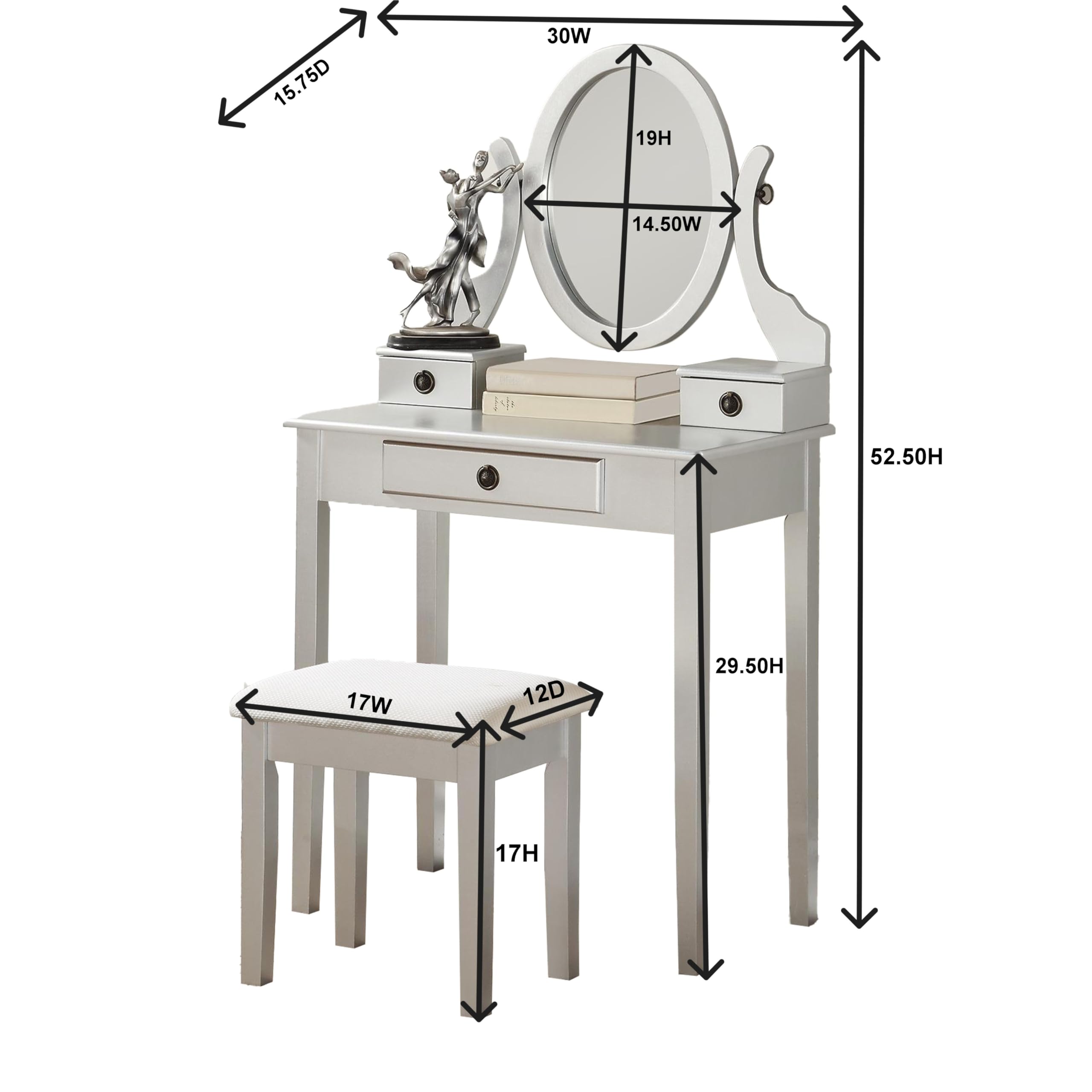 Roundhill Furniture Moniys Wooden Makeup Vanity Table with Stool Set - Silver Finish | Elegant Dressing Table for Bedroom, Bathroom & Beauty Salon | Perfect for Makeup, Skincare & Hair Styling