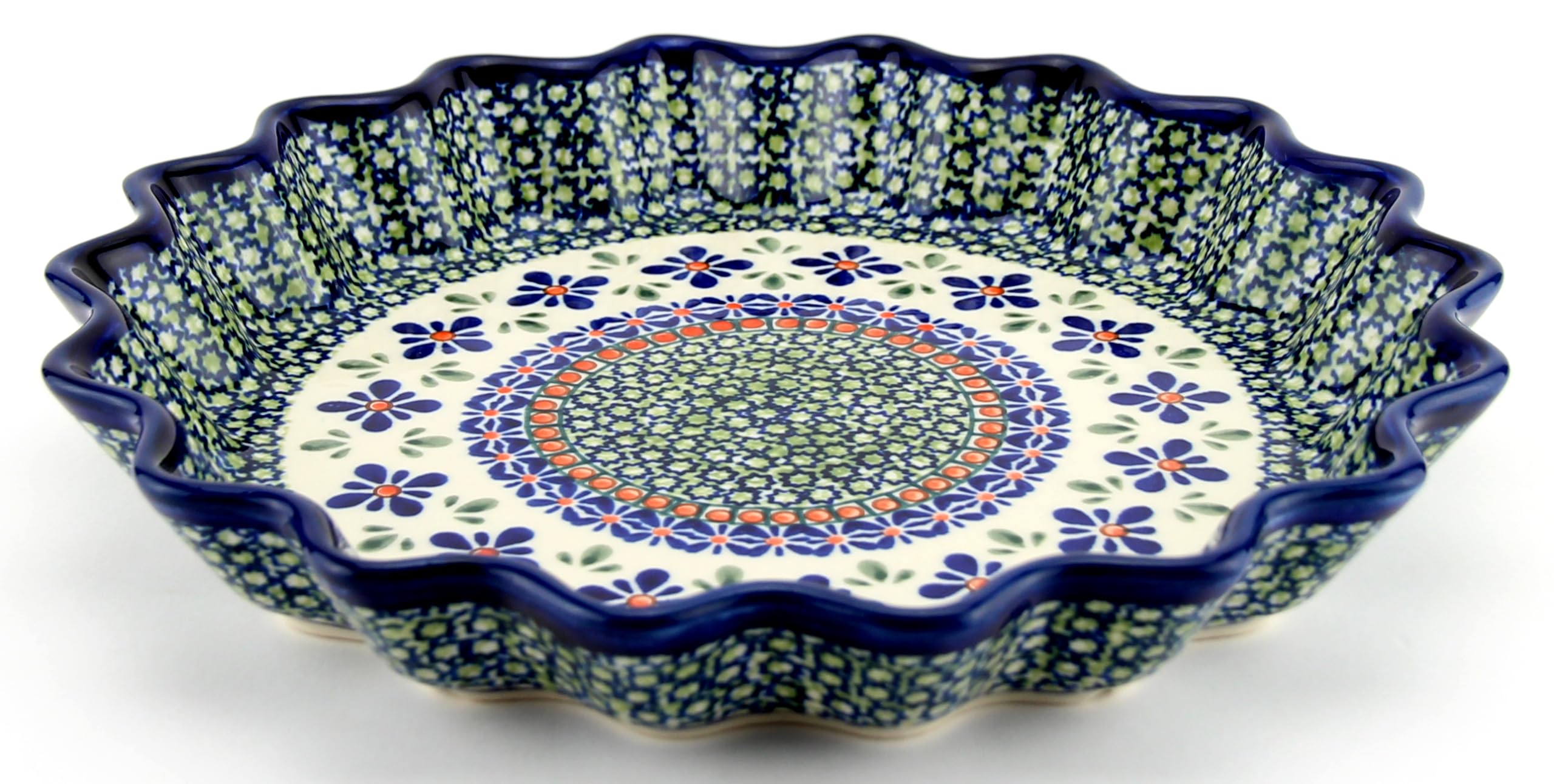 Boleslawiec Polish Pottery Scalloped Pie Dish - Handmade Mosaic Flower Quiche Pan - Authentic Ceramic Baking Dish for Pies, Quiches & Casseroles - Perfect for Holiday Baking & Rustic Kitchen Decor