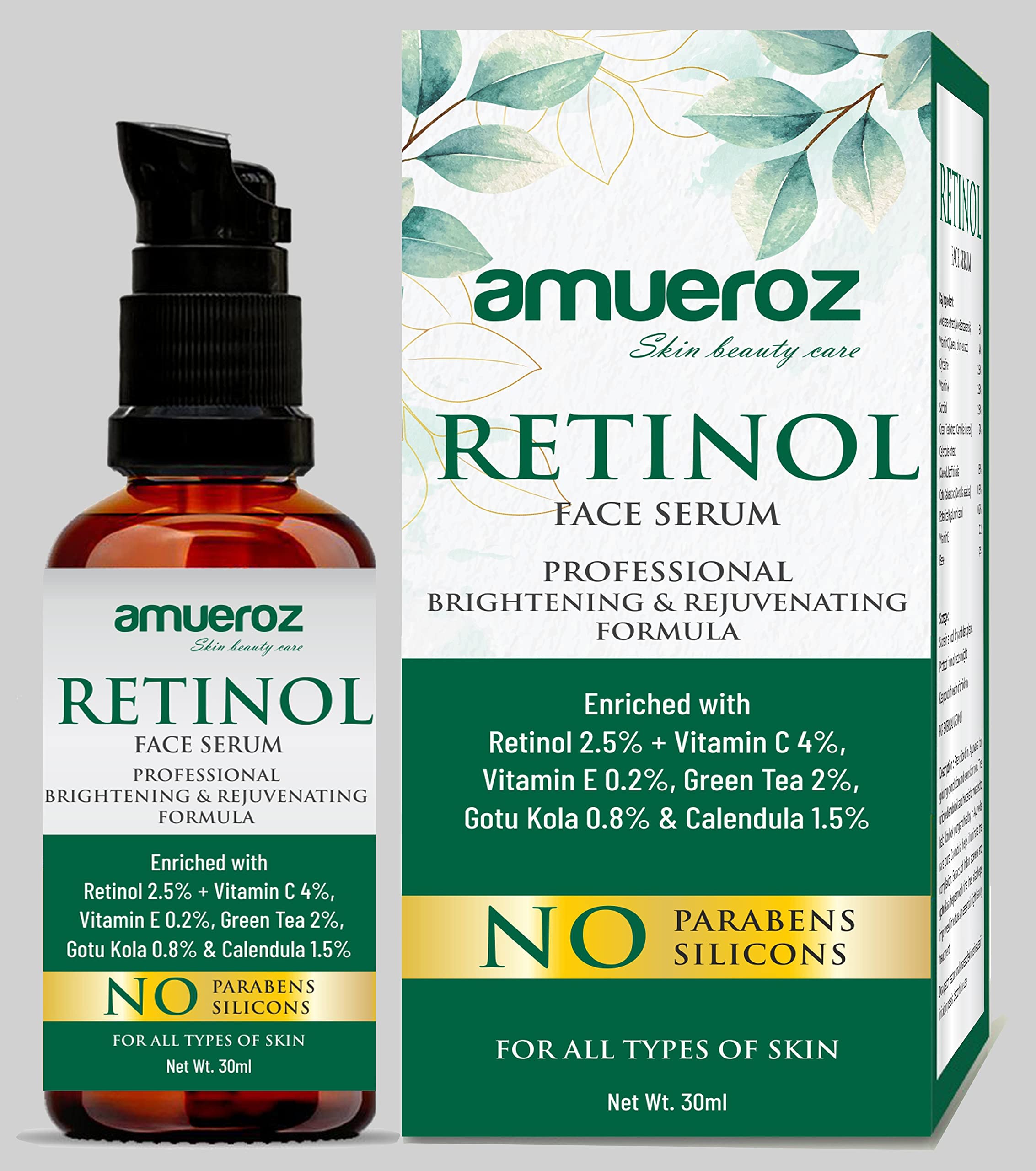 Amueroz Retinol Face Serum for Wrinkles - Vitamin C, Gotu Kola, Calendula, Vitamin E & Green Tea Extract - Anti-Aging, Acne Treatment & Brightening Facial Serum (30ml) - Perfect for Nighttime Skincare Routine & Daily Anti-Wrinkle Care