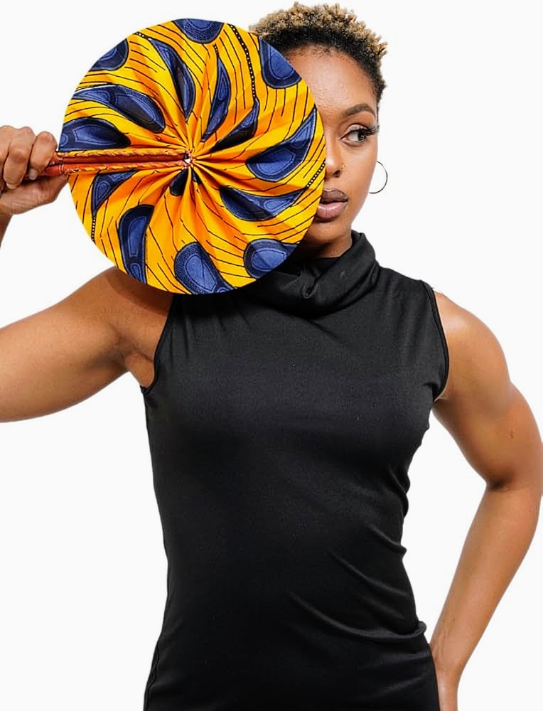 Dupsie's Khanita Foldable African Print Ankara Fan - Orange & Blue Peacock Pattern (DPPF3816) | Handheld Cooling Fan for Outdoor Events, Weddings & Cultural Celebrations
