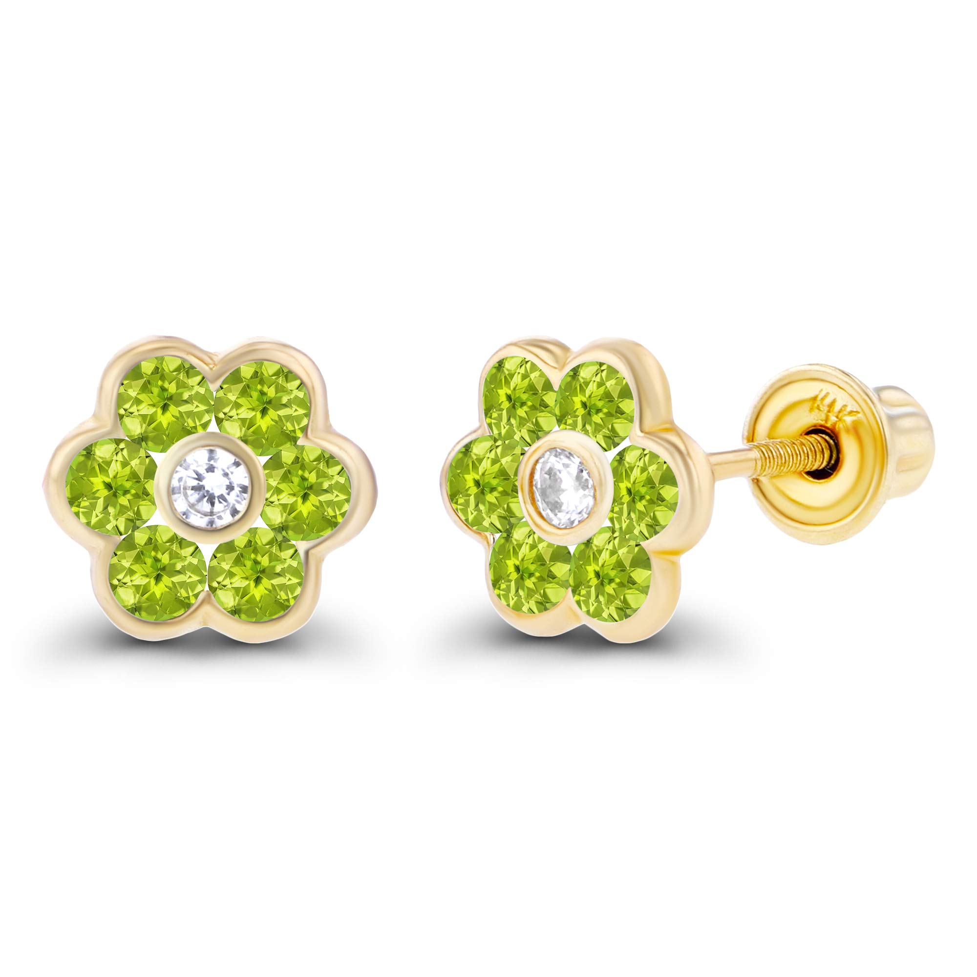 14K Solid Gold 6mm Natural Birthstone Screwback Stud Earrings for Women | 1.25mm White Sapphire Halo | Elegant Gift for Birthday, Anniversary & Special Occasions