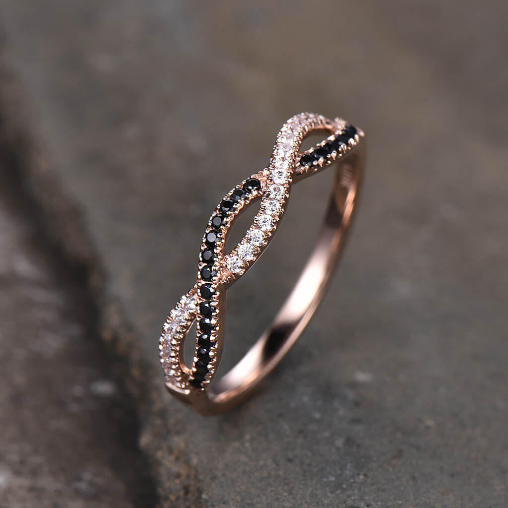Infinity Black Diamond Wedding Band for Women - Half Eternity Ring, Dainty Stackable Diamond Ring for Anniversary, Engagement, or Bridal Jewelry - Perfect for Everyday Wear & Special Occasions