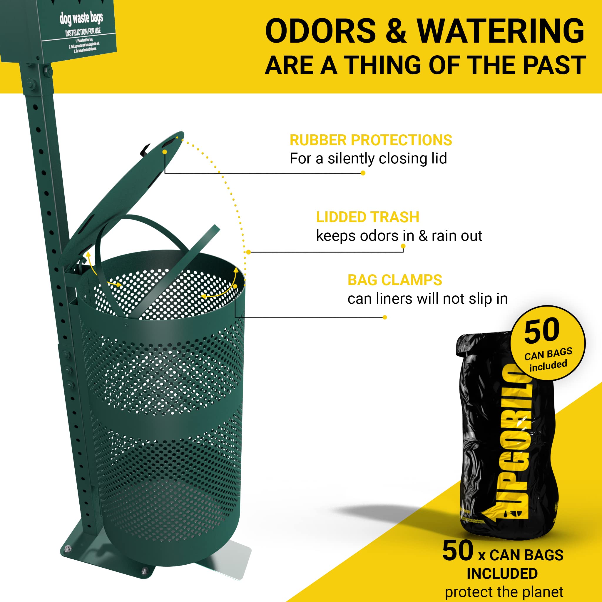 Dog Waste Station with Foot Pedal - 400 Poop Bags, 50 Trash Can Liners, Glow-in-the-Dark Sign & Hand Sanitizer - Outdoor Pet Waste Disposal System for Parks, Yards & Neighborhoods