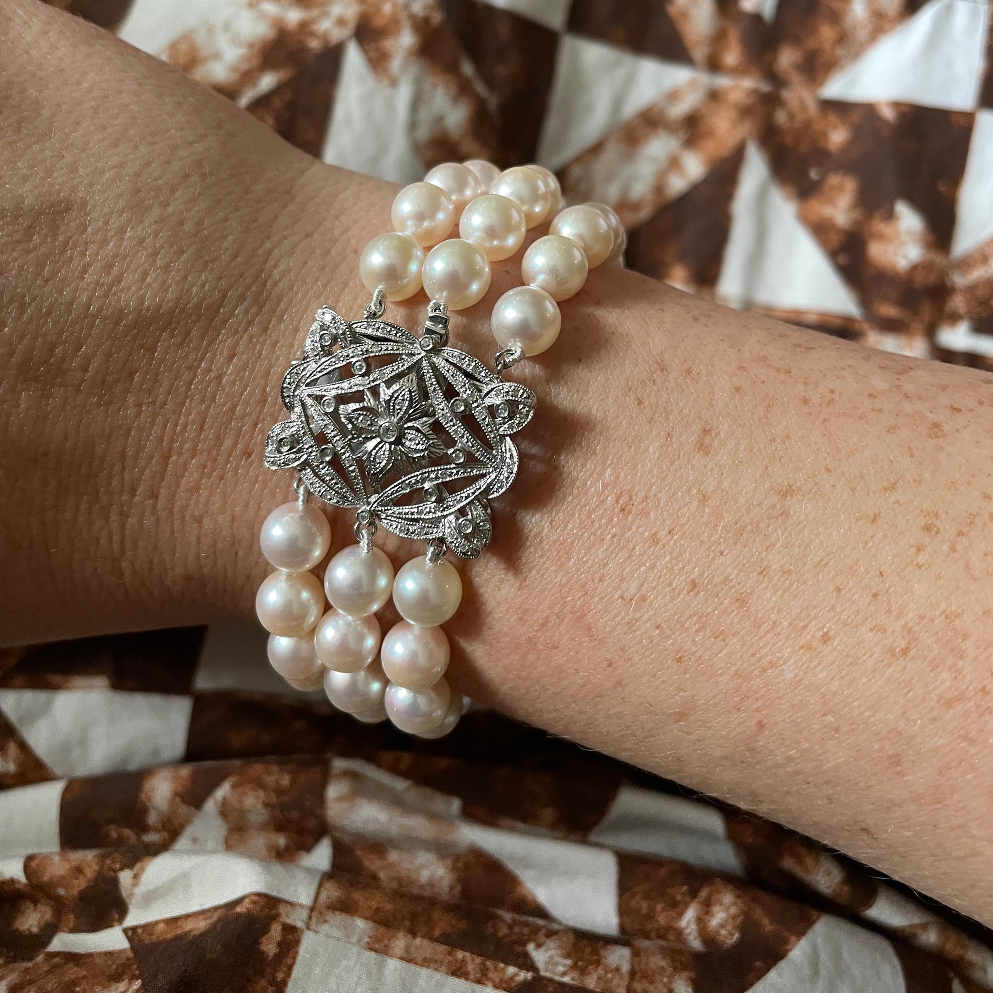 14K Gold Akoya Pearl & Diamond Bracelet with Three Strand Design - Elegant Jewelry for Weddings, Parties & Special Occasions