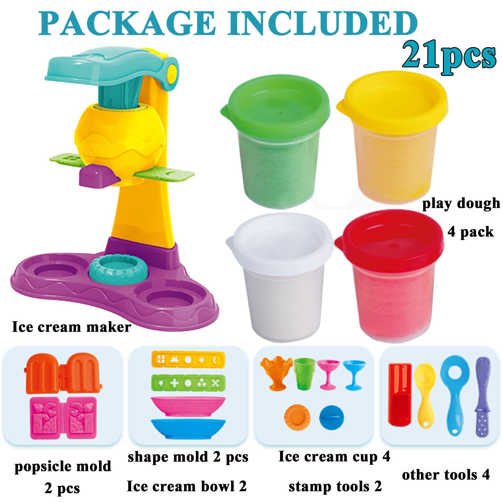 Colorful Ice Cream Play Dough Set - 21Pcs Kitchen Creations & Ice Cream Truck Maker with Clay Dough Tools - Creative Pretend Play Toy for Kids, Girls & Boys - Perfect for Birthday Gifts & Preschool Learning Activities