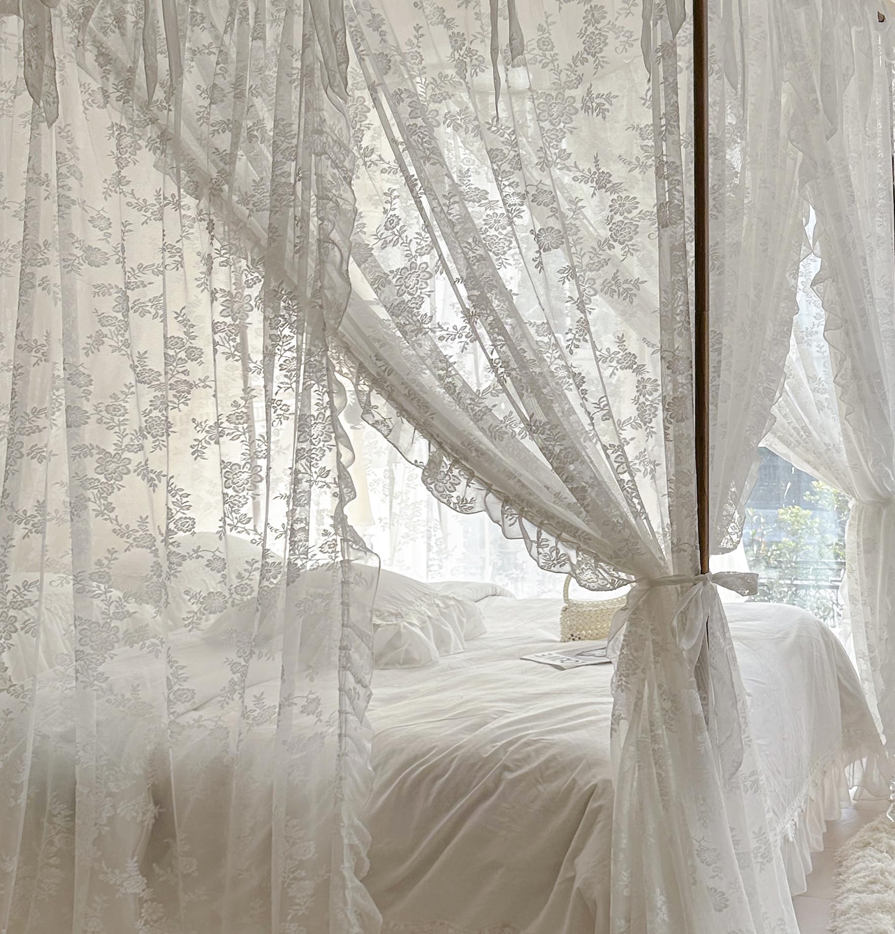 Elegant White Sheer Canopy Bed Curtains with Tie Backs - Bedroom Decor Drapes for Queen/King Size Beds | Perfect for Romantic Bedroom Makeover, Wedding Decor & Boho Chic Style