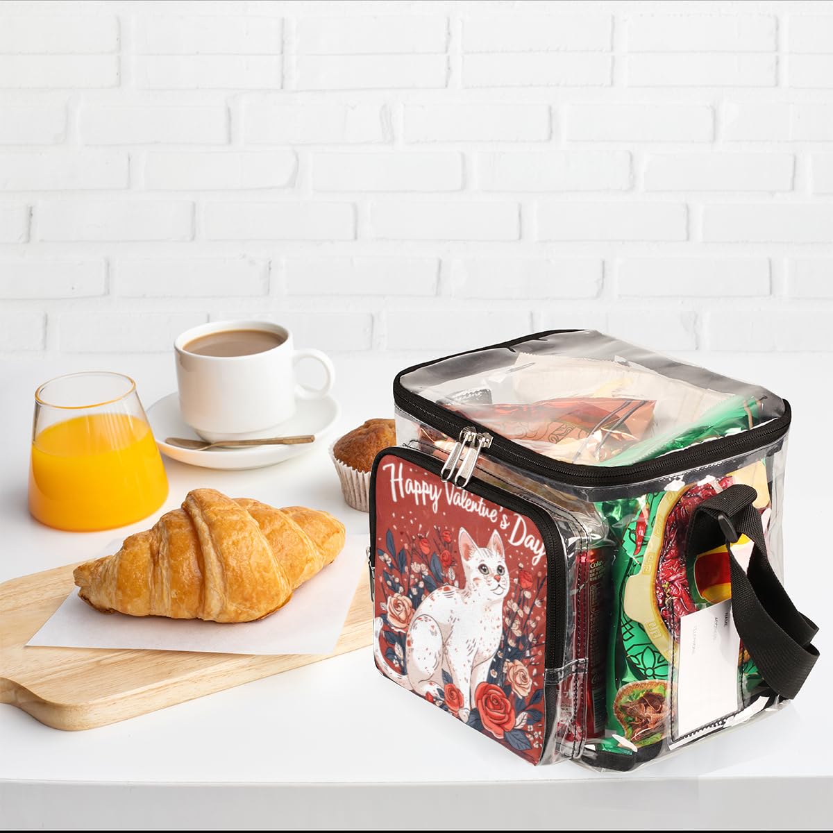GzLeyigou Clear Transparent Tote Bag with Handles - Cute Cat Design Crossbody Shoulder Bag for Lunch, Outdoor, Travel, Picnic, Concerts & Sports Events | Stadium Approved Multipurpose Purse | Perfect for Valentine's Day Gifts, School, Beach & Shopping