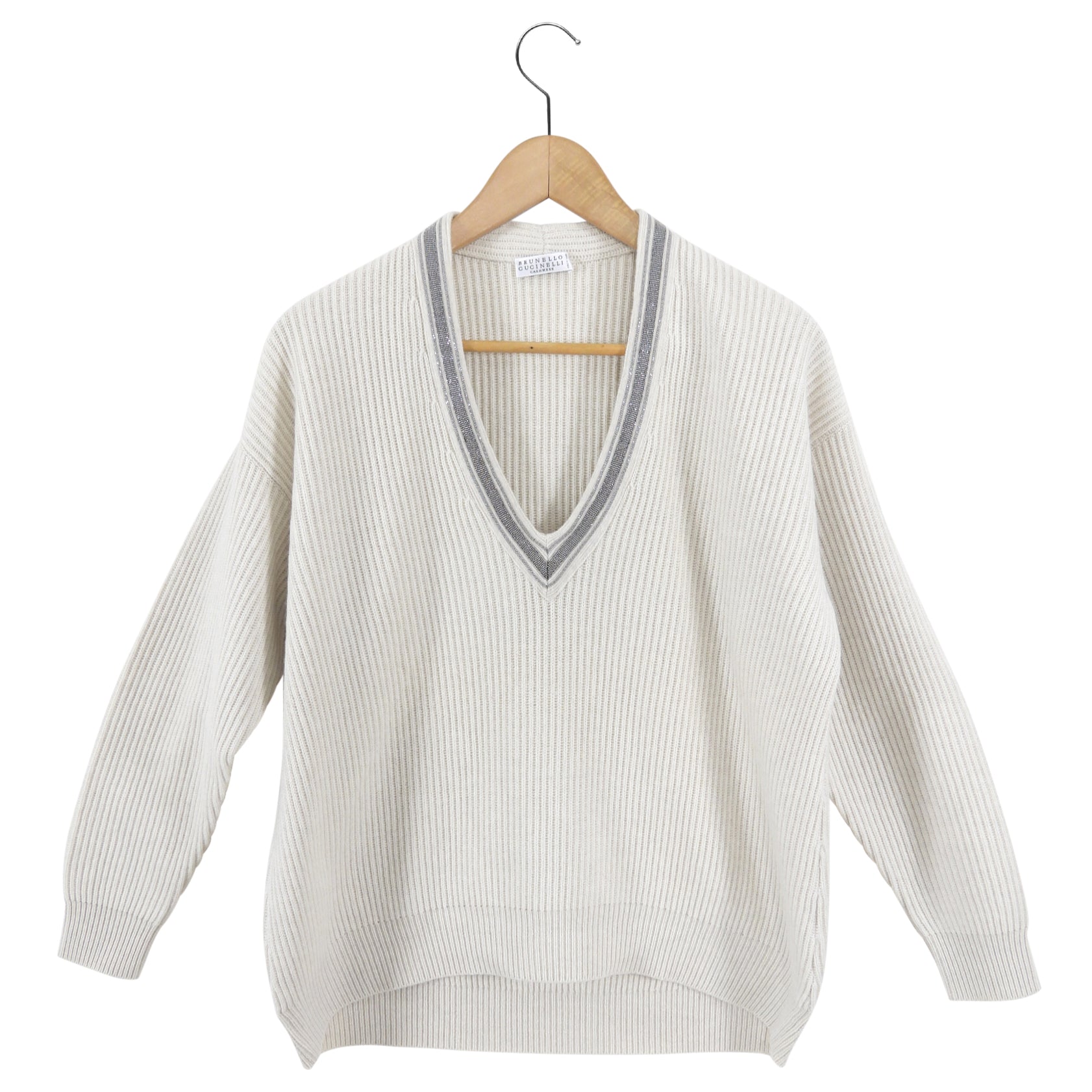 Brunello Cucinelli Bone Cashmere V-Neck Sweater with Monili Detail - Soft Luxury Knit for Women - Perfect for Office Wear & Evening Outfits