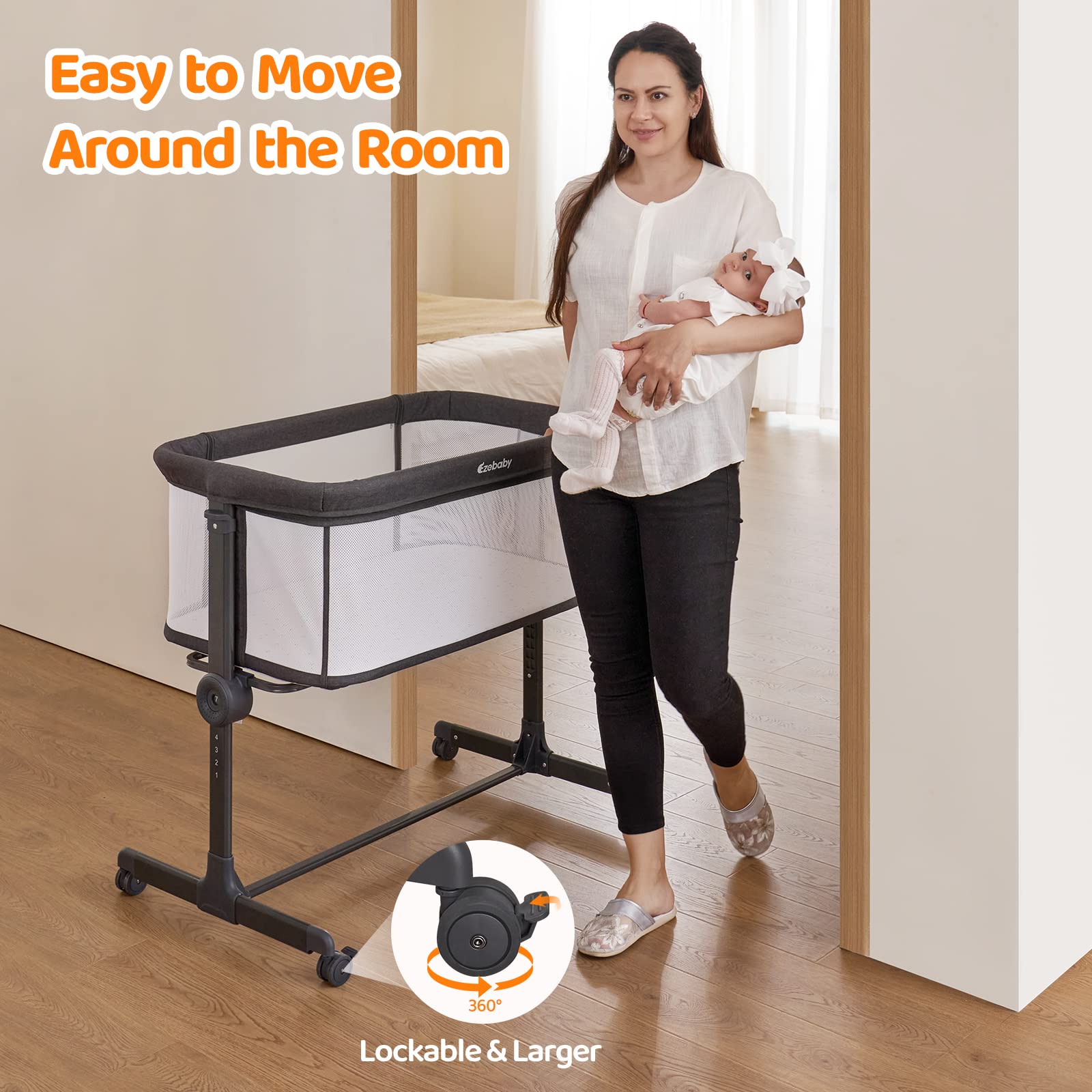Ezebaby Portable Baby Bassinet Bedside Sleeper - Adjustable 7 Height Levels, Breathable Mesh Sides with Included Mattress & Sheet - Perfect for Newborns & Infants - Ideal for Nursery, Bedroom Co-Sleeping and Travel Use