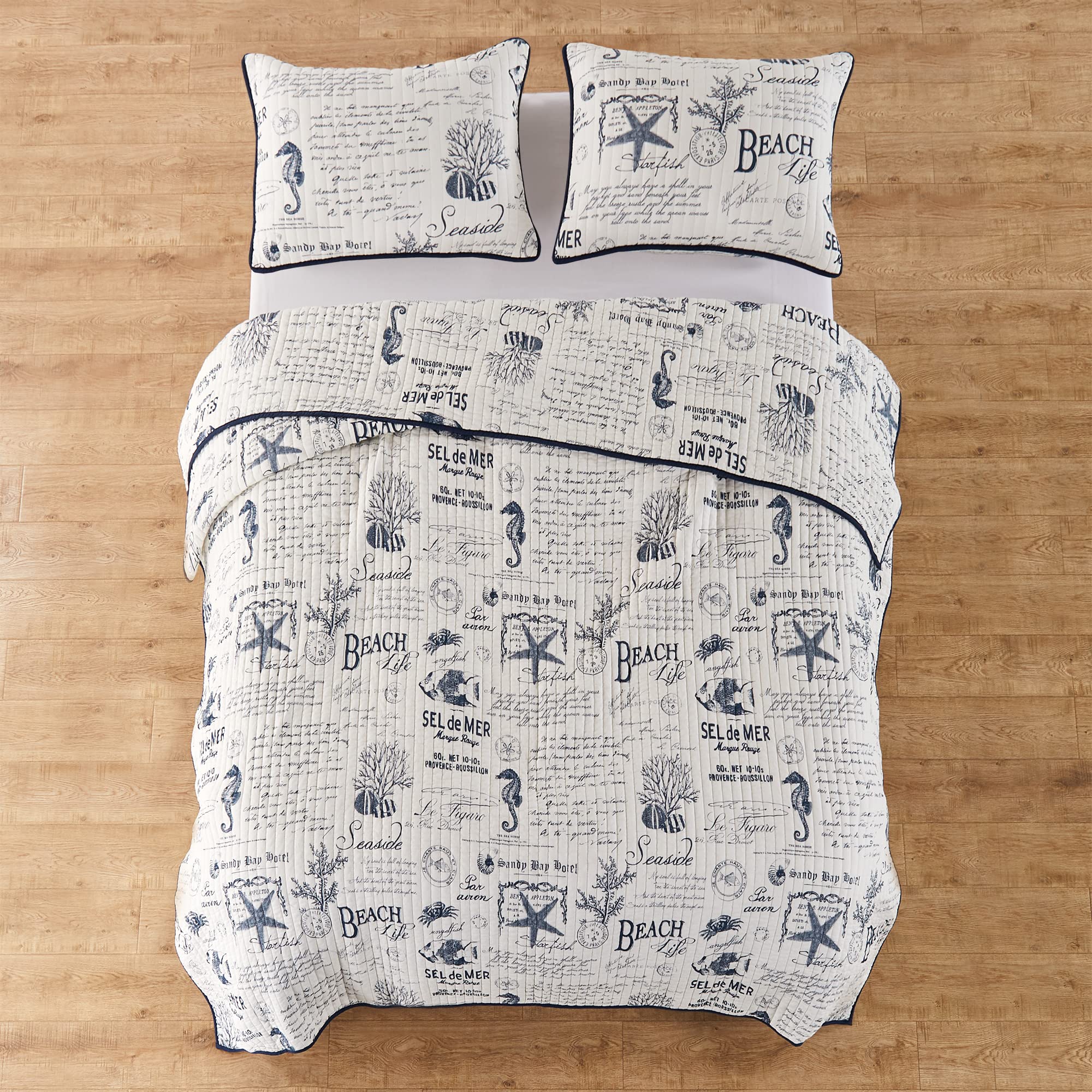 Levtex Home Beach Life King Size Cotton Quilt Set - Navy Blue Coastal Bedding for Master Bedroom & Guest Room | Soft Breathable Quilt Cover for Summer & Beach House Decor