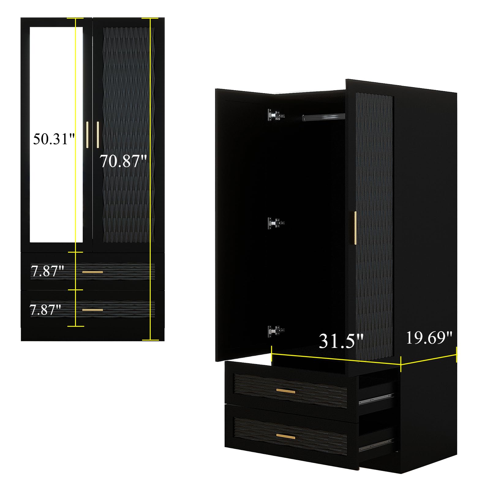 Black Armoire Wardrobe Closet with Mirrors & 2 Doors - 31.5