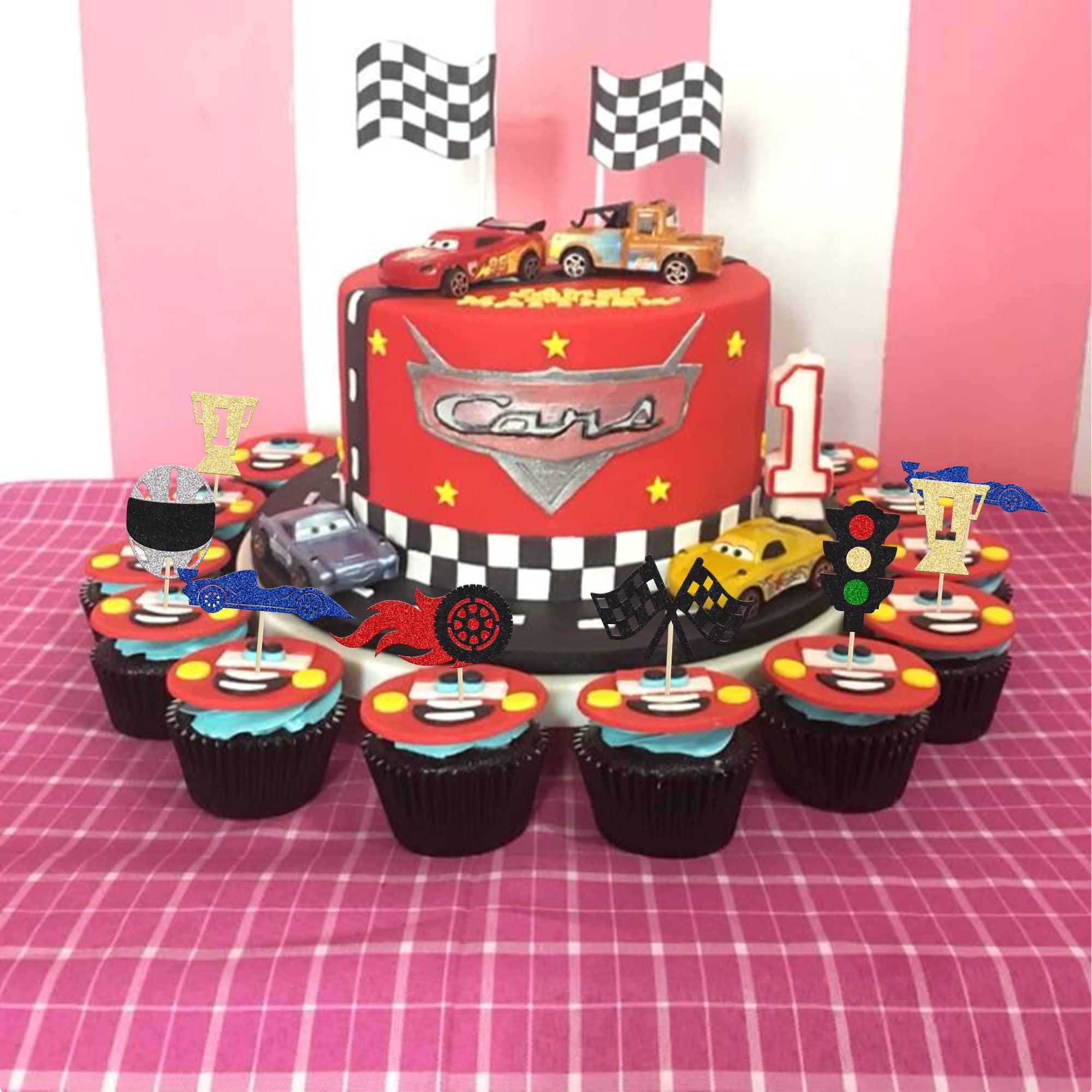 24Pcs Race Car Cupcake Toppers - Glitter Traffic Light, Wheel, Trophy & Flag Decorations for Racing Themed Birthday Parties, Baby Showers & Sports Events - Perfect for Cake Decorating & Dessert Displays