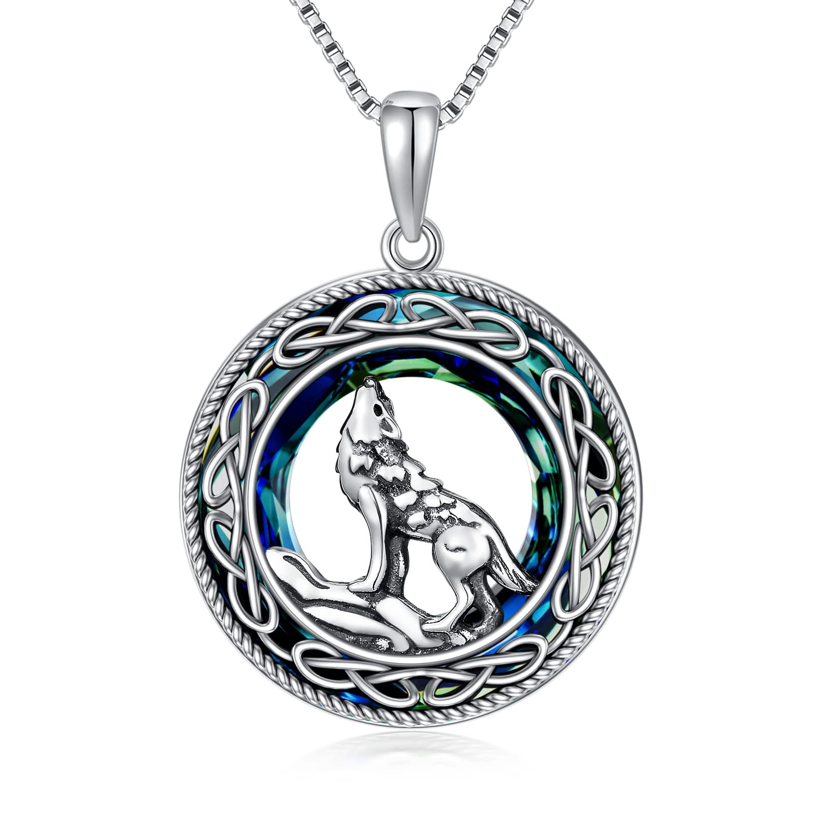 Sterling Silver Wolf Necklace with Blue Crystal Pendant - Celtic Knot Wolf Jewelry for Women & Men - Unique Birthday & Mother's Day Gift for Nature Lovers (Perfect for Outdoor Adventures & Spiritual Wear)
