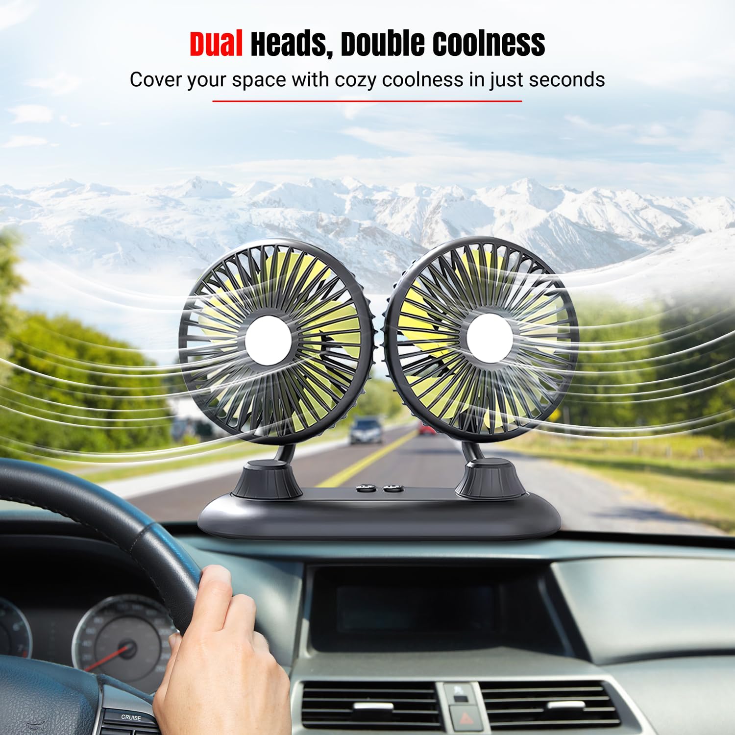 USB Car Fan with 3 Speed Settings & 360° Rotation - Dual Head Portable Auto Fan for Dashboard - Strong Cooling for SUV, Truck, RV, Boat, Van, Sedan - Perfect for Home, Office & Travel Use