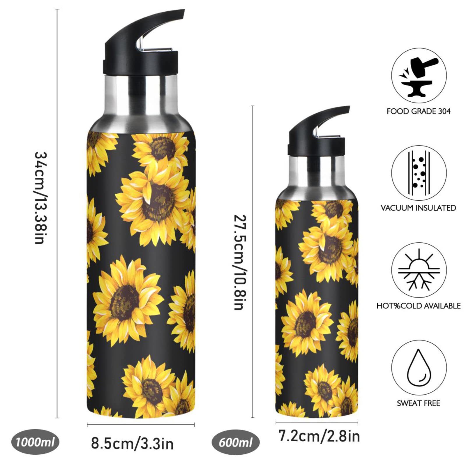 Kigai Insulated Stainless Steel Water Bottle 20oz - Sunflower Design, Leakproof Wide Mouth with Straw Lid - Perfect for Gym, Hiking & Outdoor Activities | BPA Free Sports Water Bottle for Fitness Enthusiasts