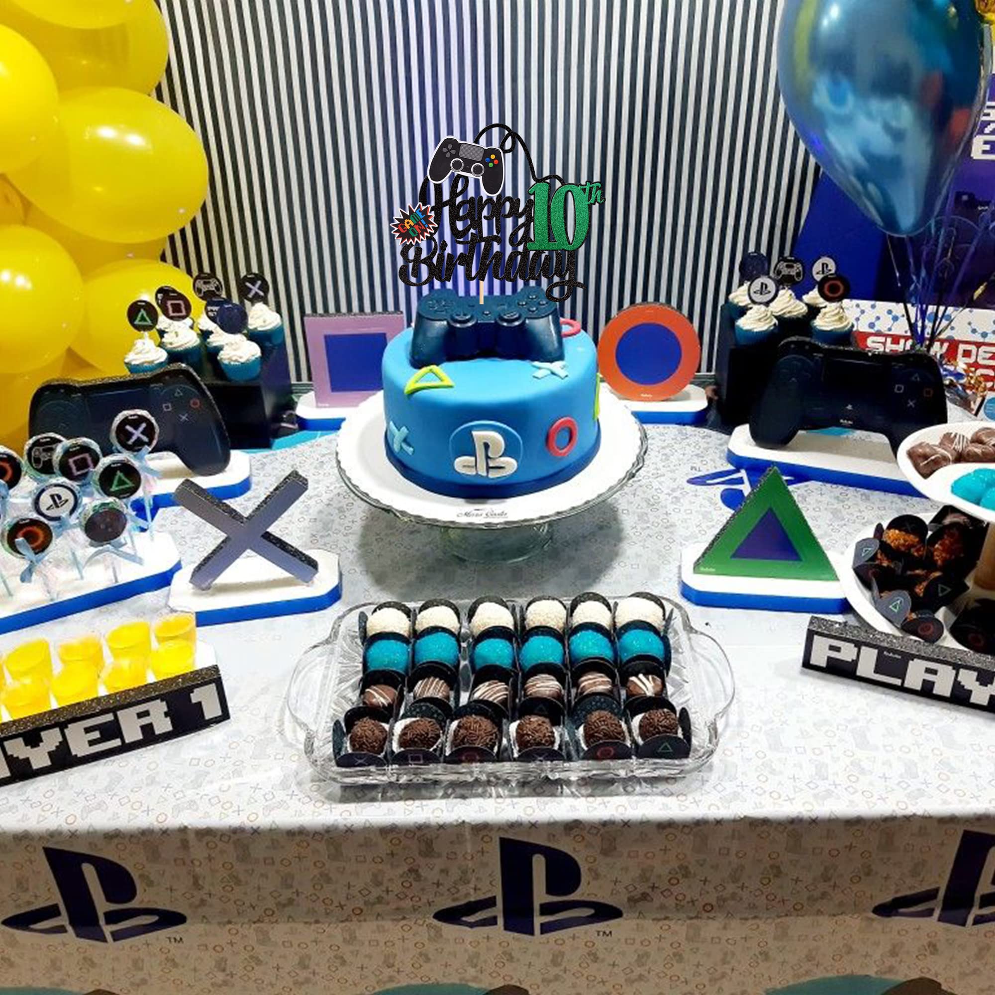 1 PCS Video Game Happy 10th Birthday Cake Topper - Glitter Game Controller Cake Picks - Ten Cheers to 10 Years - Perfect for Birthday Party Decorations, Gaming Themed Cakes, and 10th Anniversary Celebrations