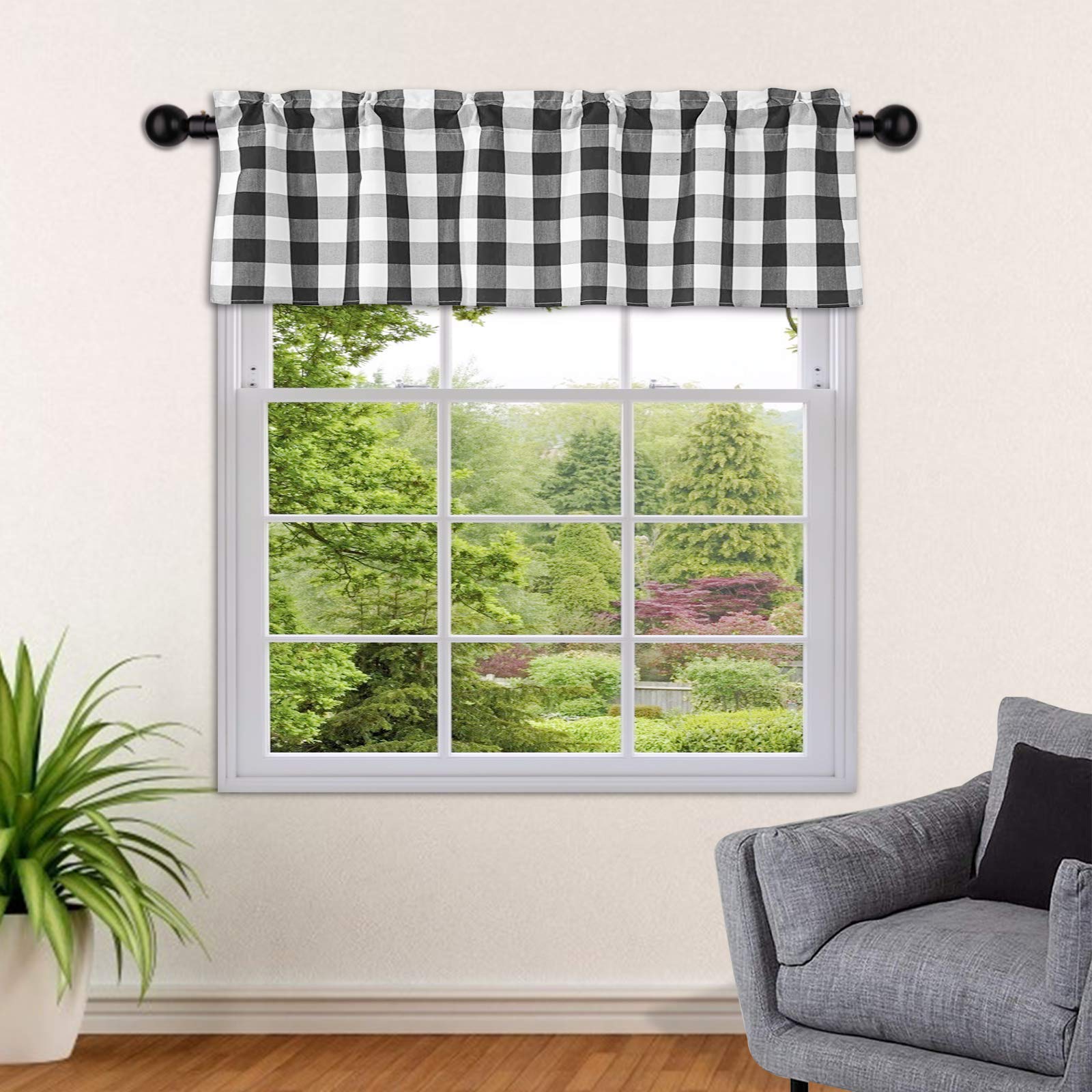Buffalo Plaid Farmhouse Kitchen Curtains - Light Filtering Thermal Insulated Window Valances with Rod Pocket for Home, Bedroom & Cafe Decor (54” W x 18” H, Black) - Perfect for Rustic Kitchen, Dining Room & Country Style Windows