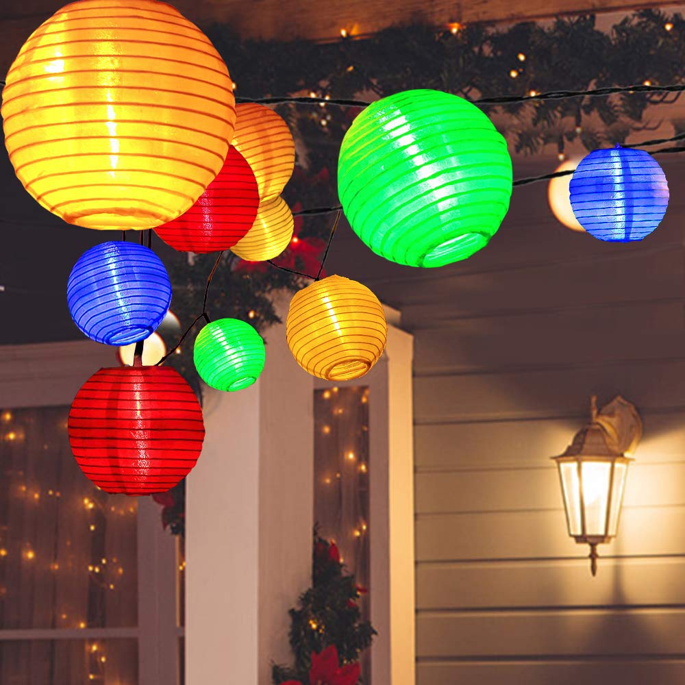ALLOMN 19.7ft Solar Powered LED String Lights - 30 Waterproof Outdoor Garden Lanterns with Fabric Shades for Christmas, Patio, Yard & Home Decor | Weatherproof Fairy Lights for Wedding, Party & Backyard Ambiance (Colorful)