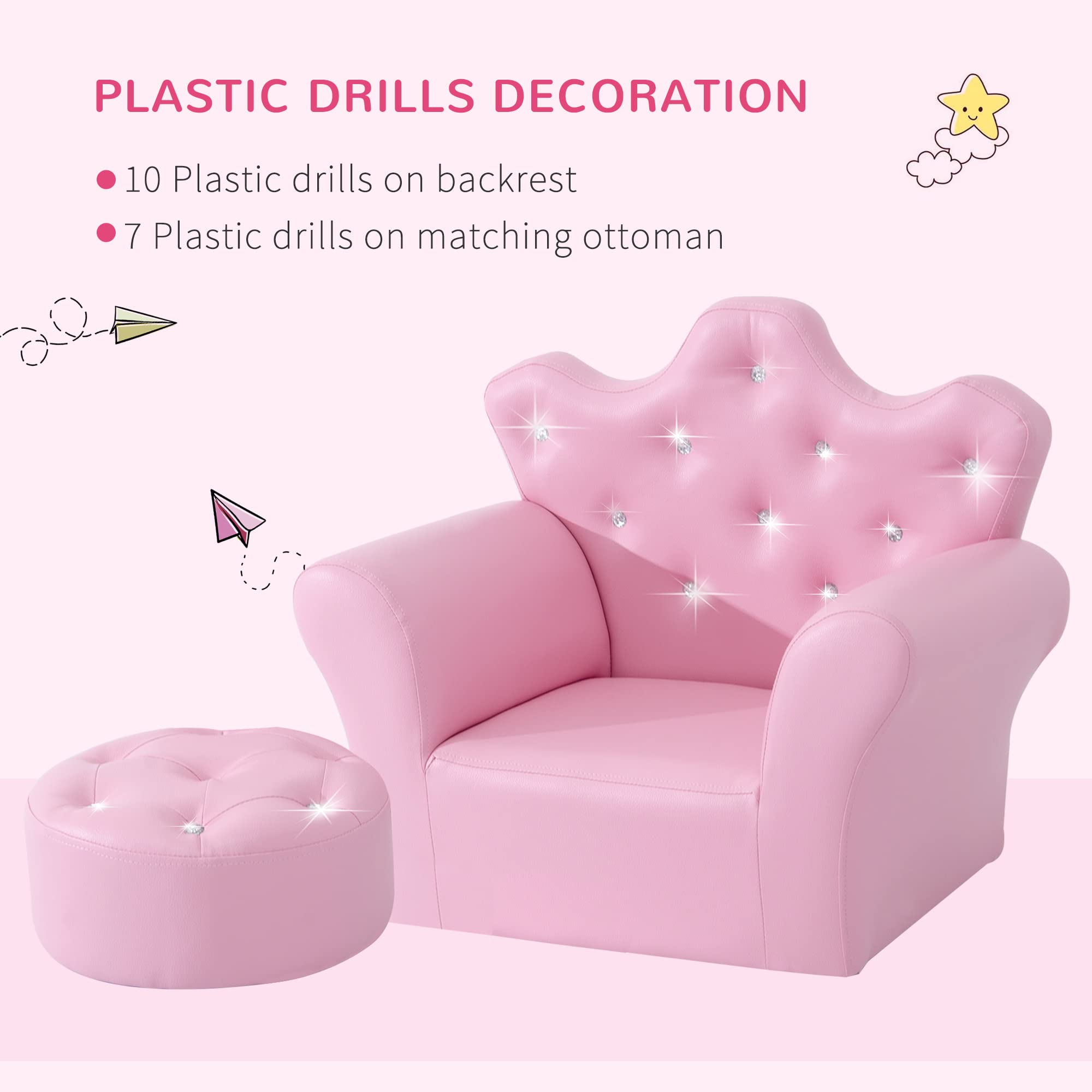 Qaba Kids Sofa Set - Pink Upholstered Princess Sofa with Footstool & Diamond Decorations, Toddler Chair for Girls & Boys, Perfect for Playroom, Bedroom & Nursery Decor