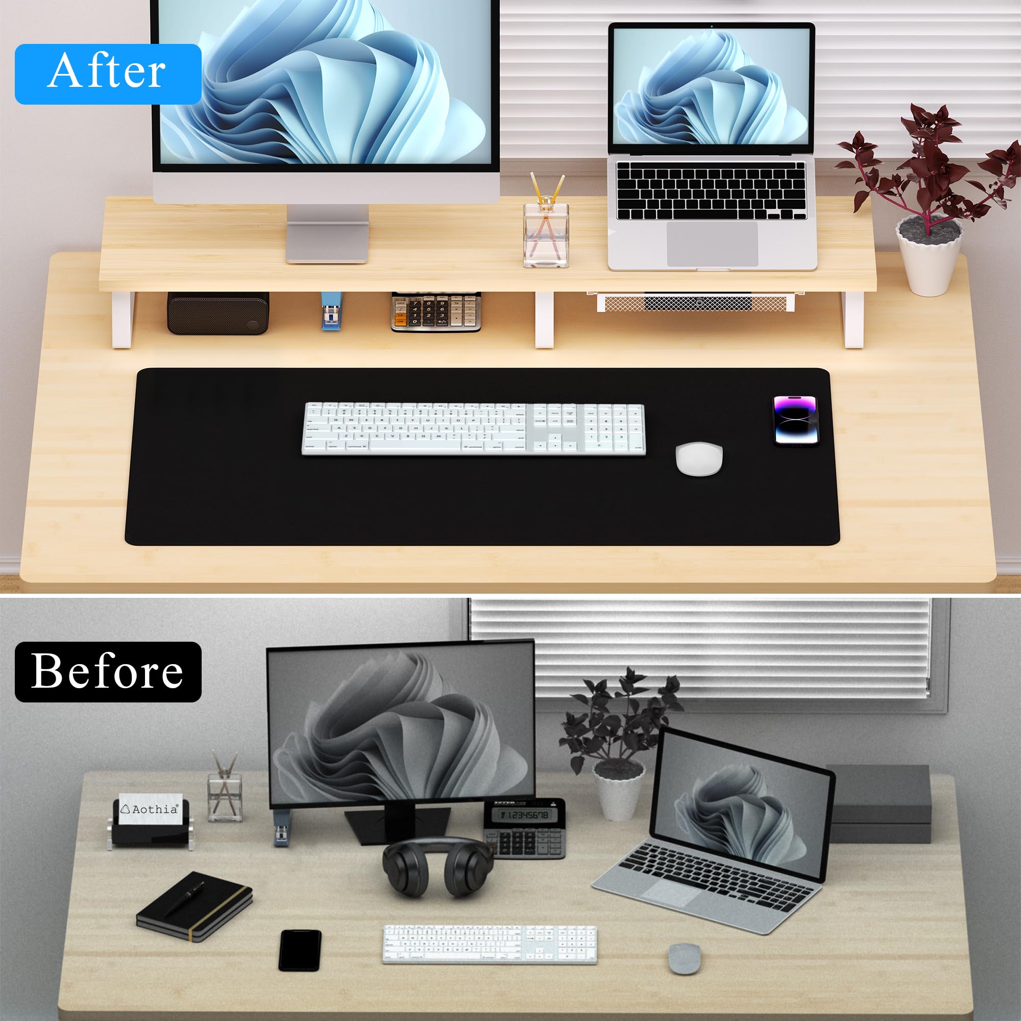 Aothia Large Dual Monitor Stand Riser - Solid Wood Desk Shelf with Metal Legs, Desk Organizer with Drawer & Storage for PC, Printer, TV, Laptop | Perfect for Home Office, Gaming Setup & Workspace Organization (Oak)