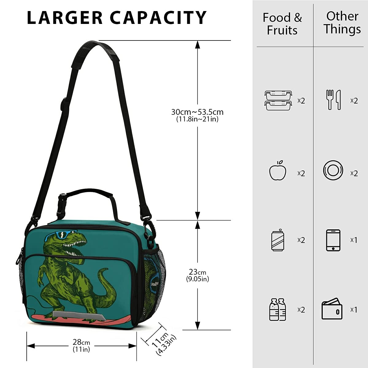Dinosaur Lunch Box for Kids - Insulated Cooler Bag with Adjustable Shoulder Strap, Cute Surfer Dino Design - Perfect for School, Picnic, Beach & Skateboarding