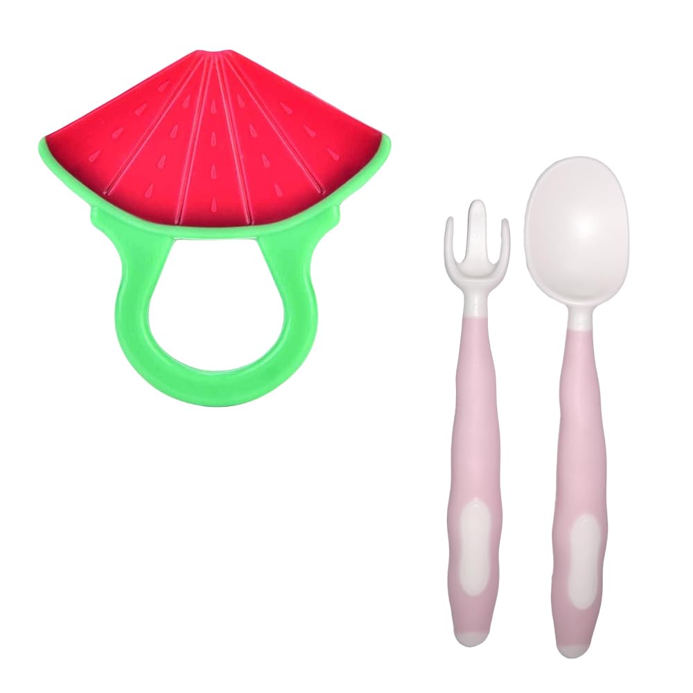 Kritiu Fruits Teether & Spoons Set - BPA-Free Silicone Baby Feeding Utensils for Infants 6+ Months | Soft, Safe Teething Toy & Spoon Combo for Toddlers | Perfect for Baby-Led Weaning, Puree Feeding & Soothing Sore Gums (Red Watermelon & Baby Pink)