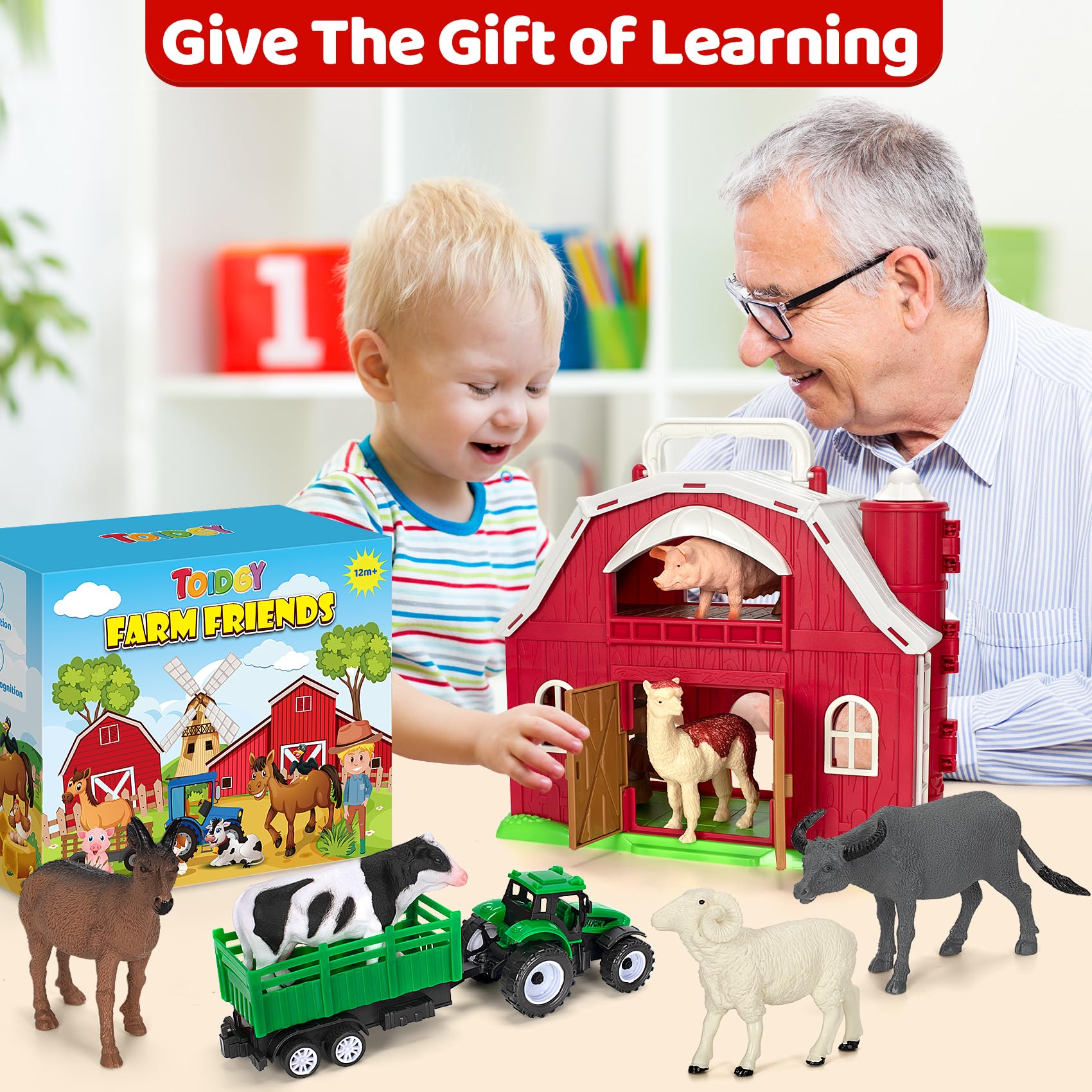 Farm Animals Toys for 1-5 Year Old Kids - Big Red Barn Playset with Animal Figures & Tractor - Educational Learning Toys for Toddlers Boys & Girls - Perfect for Christmas, Birthday & Easter Gifts - Great for Preschool Learning, Imaginative Play & Farm-Themed Parties