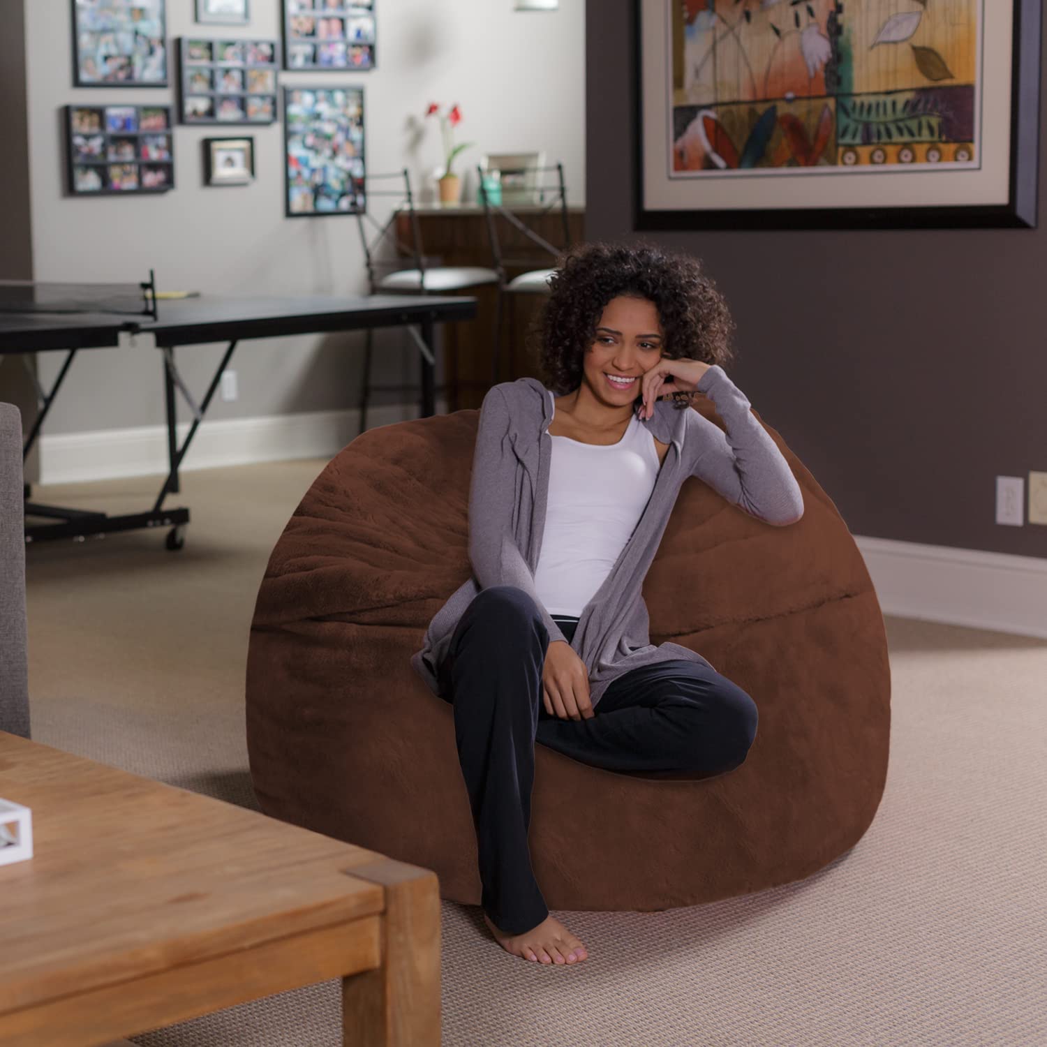 Ultra Soft Sofa Sack Bean Bag Chair with Memory Foam & Faux Rabbit Fur Cover - 4ft Plush Foam Filled Furniture for Dorm Room, Living Room & Bedroom - Brown