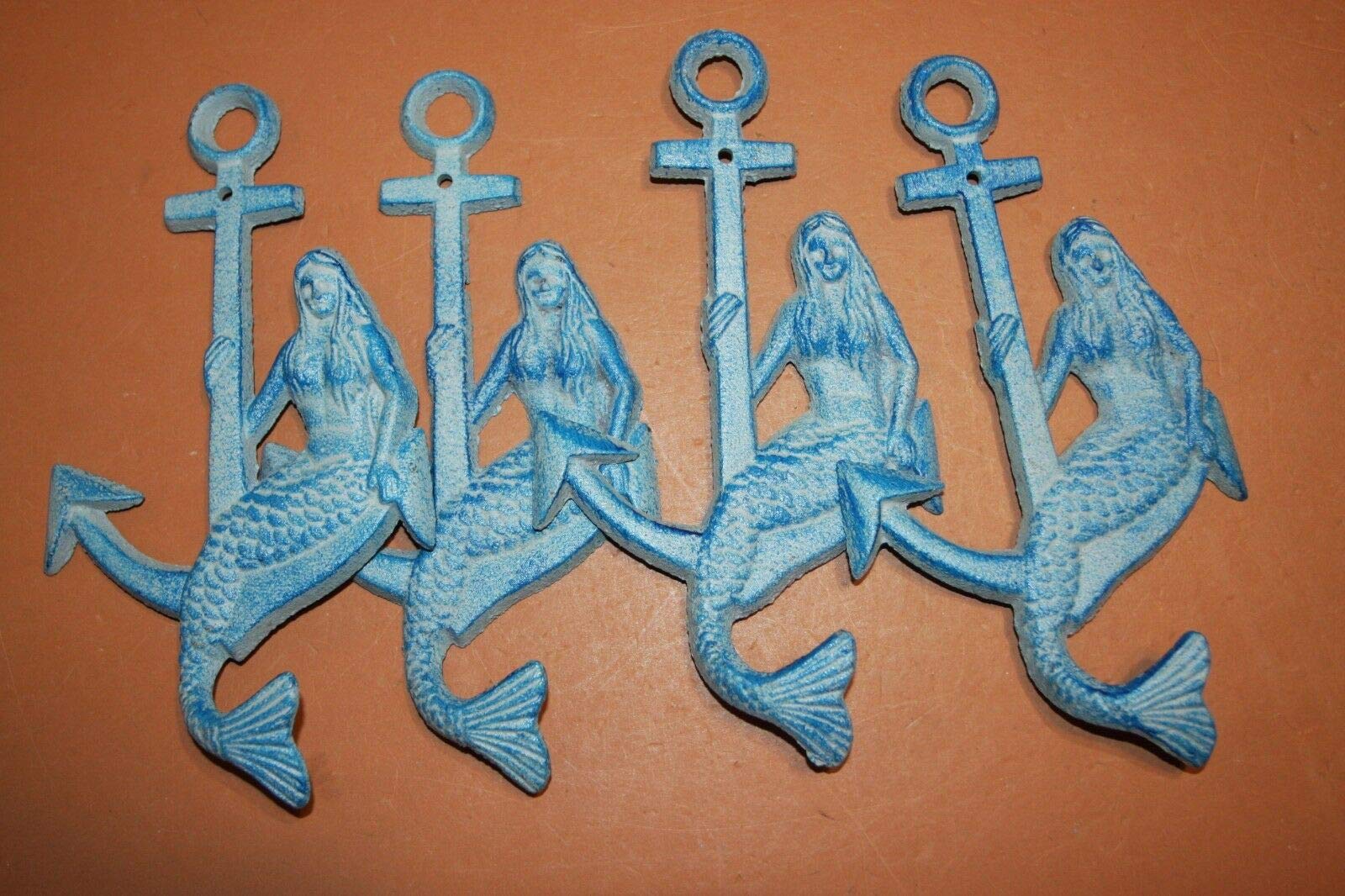 Coastal Blue Cast Iron Mermaid Coat Hooks - Pack of 4 for Nautical Bathroom & Beach House Decor | Rustic Sailor-Themed Wall Hooks for Towels, Robes & Hats