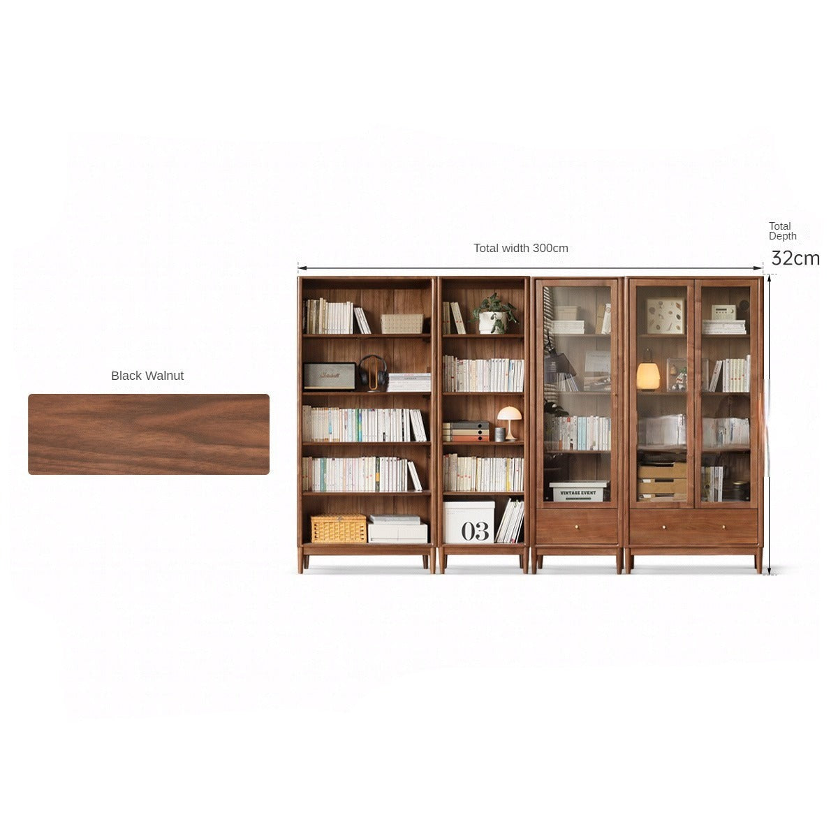 Solid Black Walnut & Oak Wood Bookcase - Customizable Wall-Mounted Bookshelf for Living Room, Home Office & Library Storage